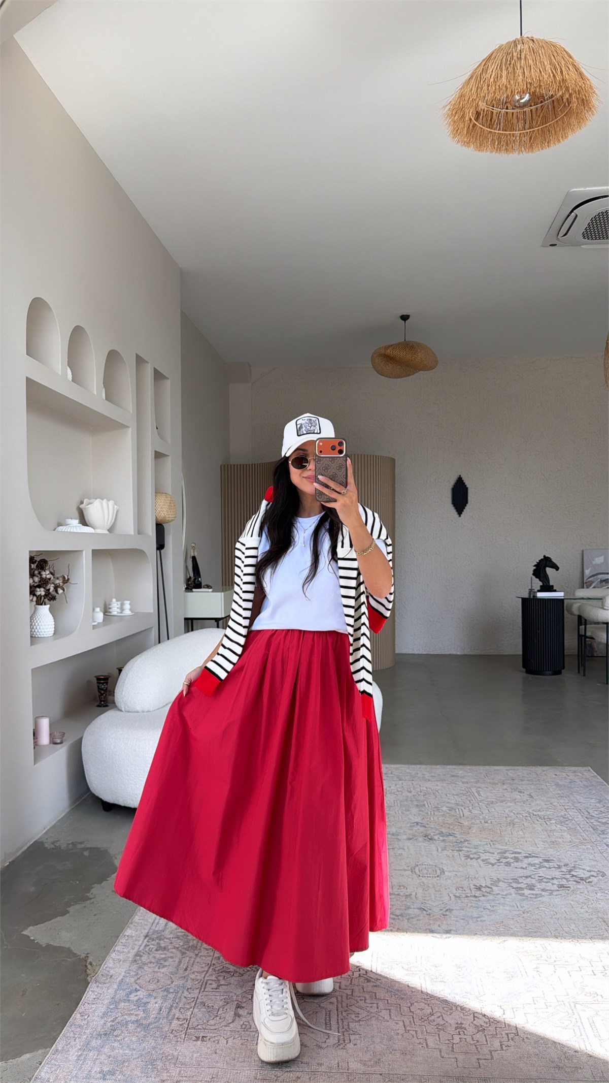 Kırmızı Poplin Maxi Beli Lastikli Etek