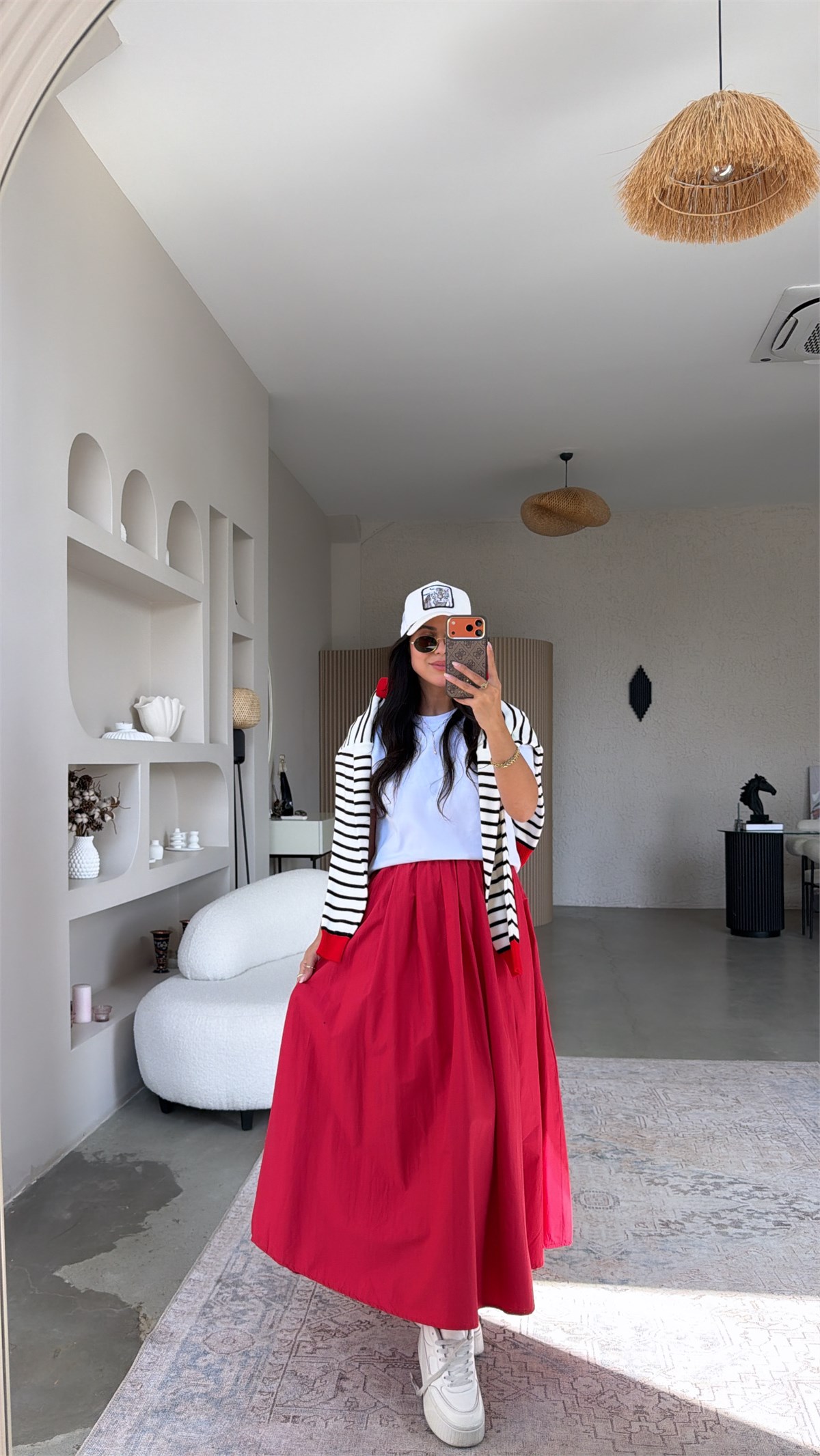 Kırmızı Poplin Maxi Beli Lastikli Etek