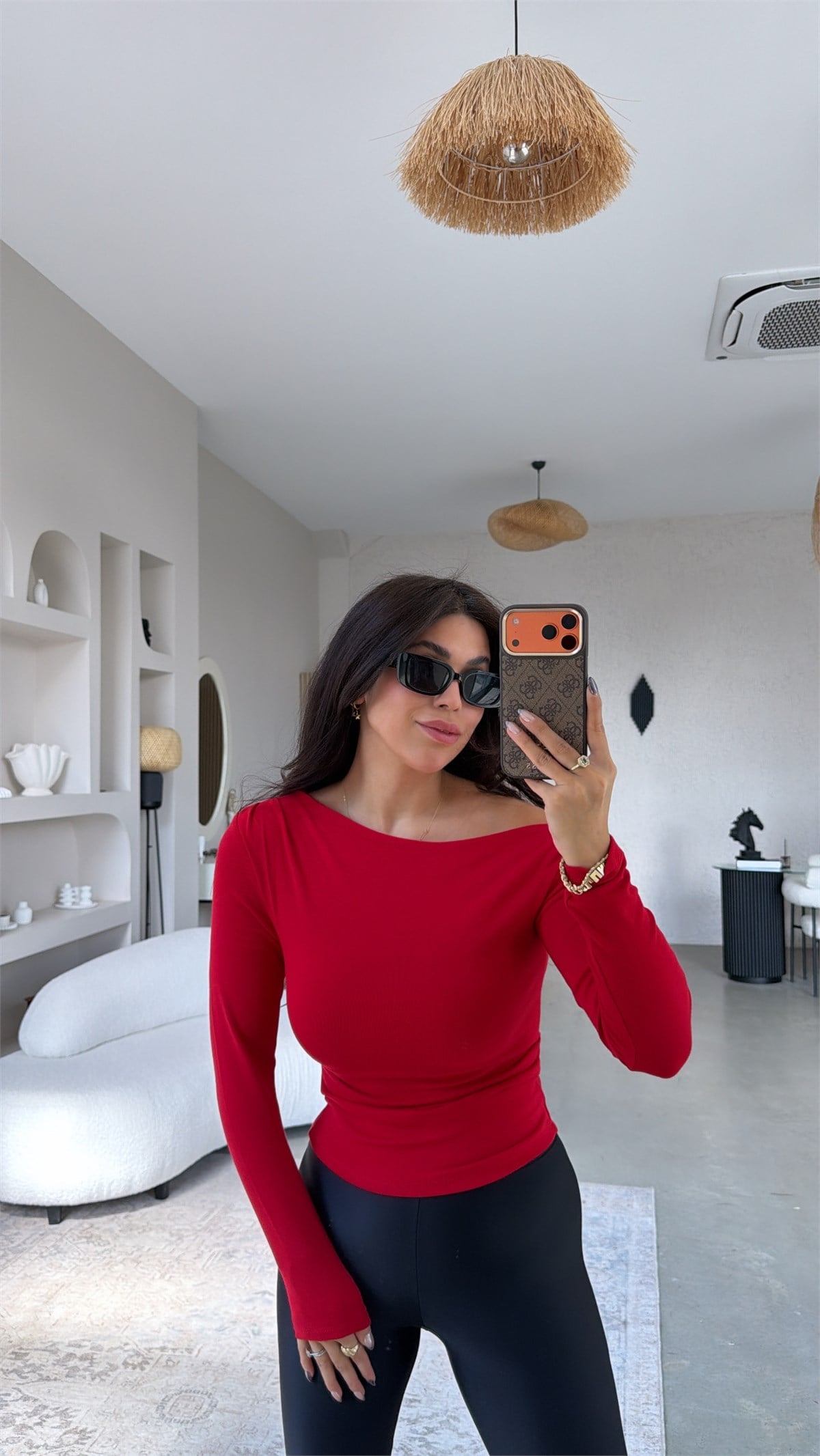 Kırmızı Premium Cotton Büzgülü Kayık Yaka Bluz