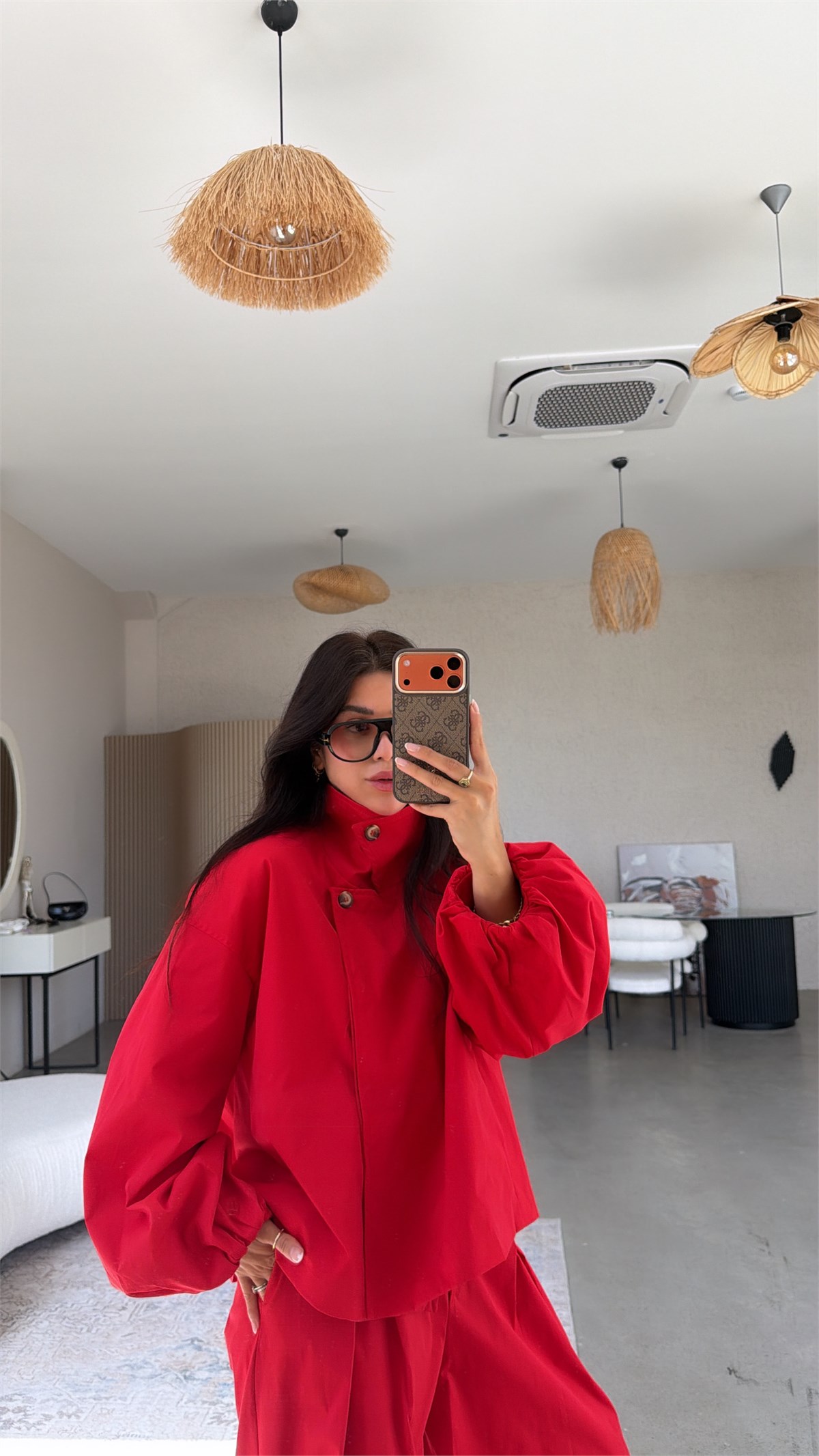 Kırmızı Premium Trench Pantolon Takım