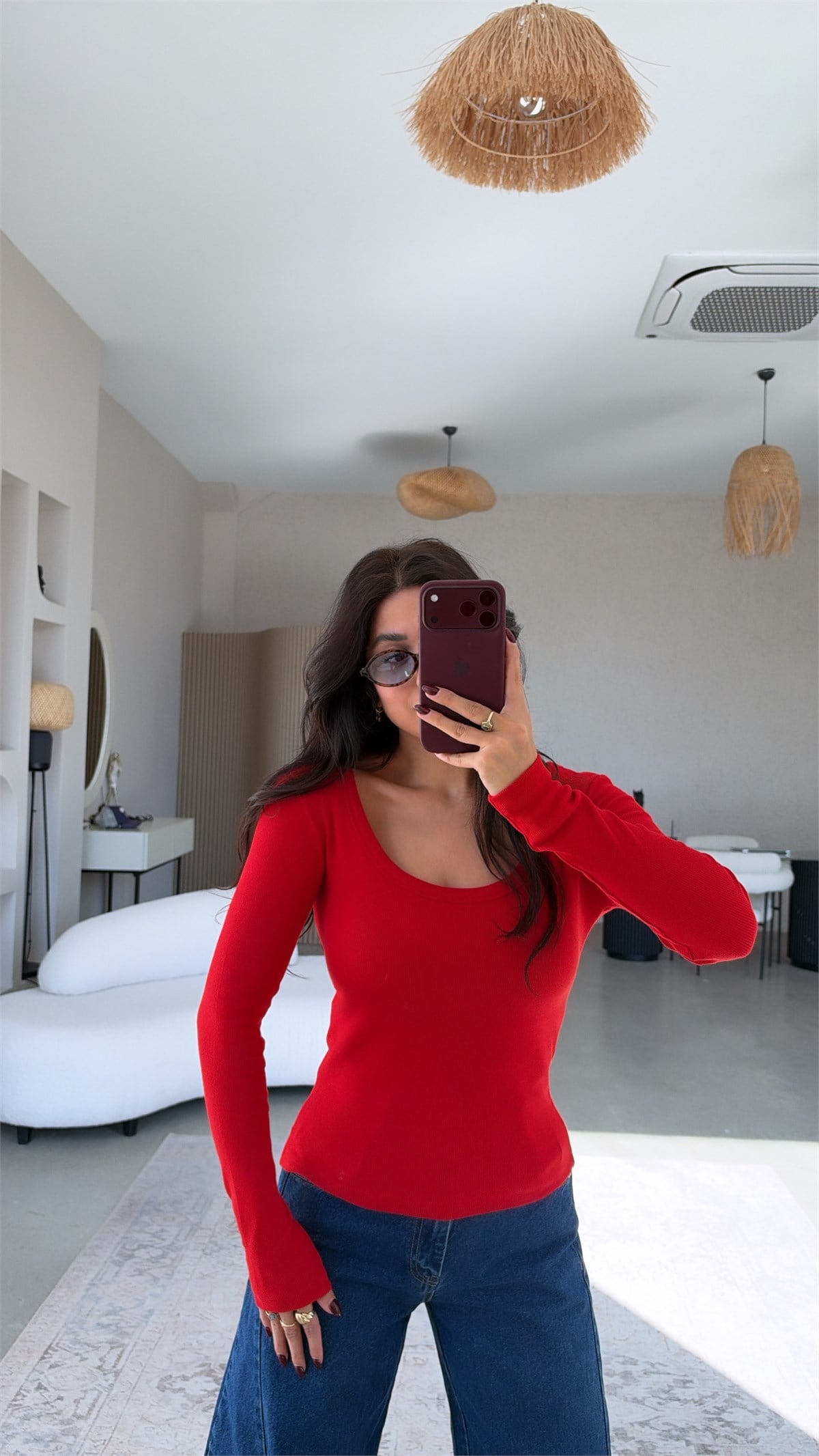 Kırmızı U Yaka Ribana Bluz