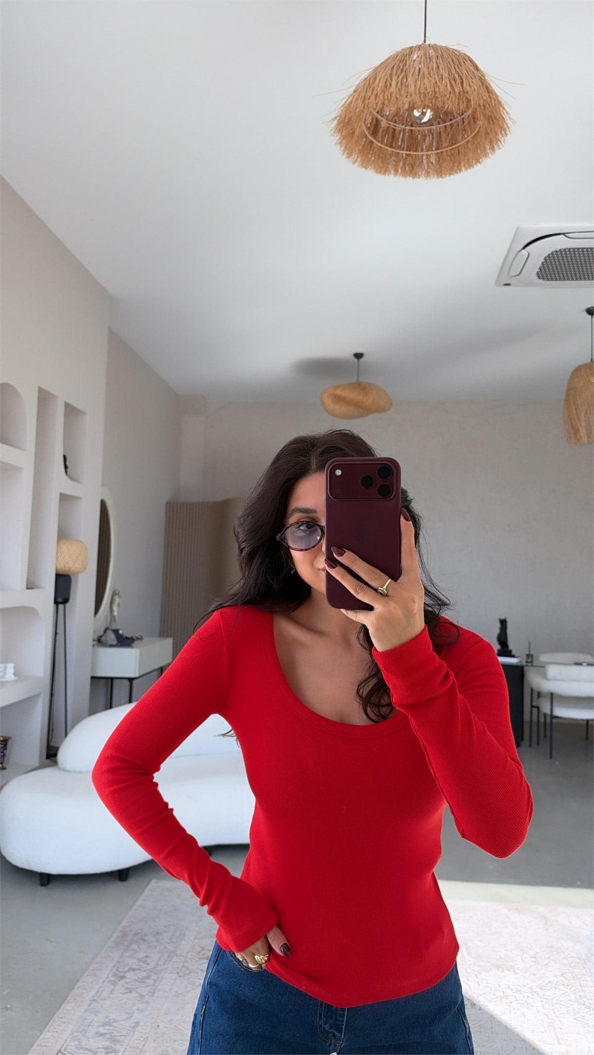 Kırmızı U Yaka Ribana Bluz