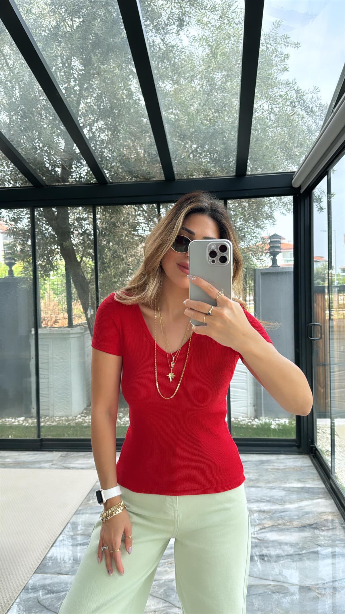 Kırmızı V Yaka Ribana Bluz