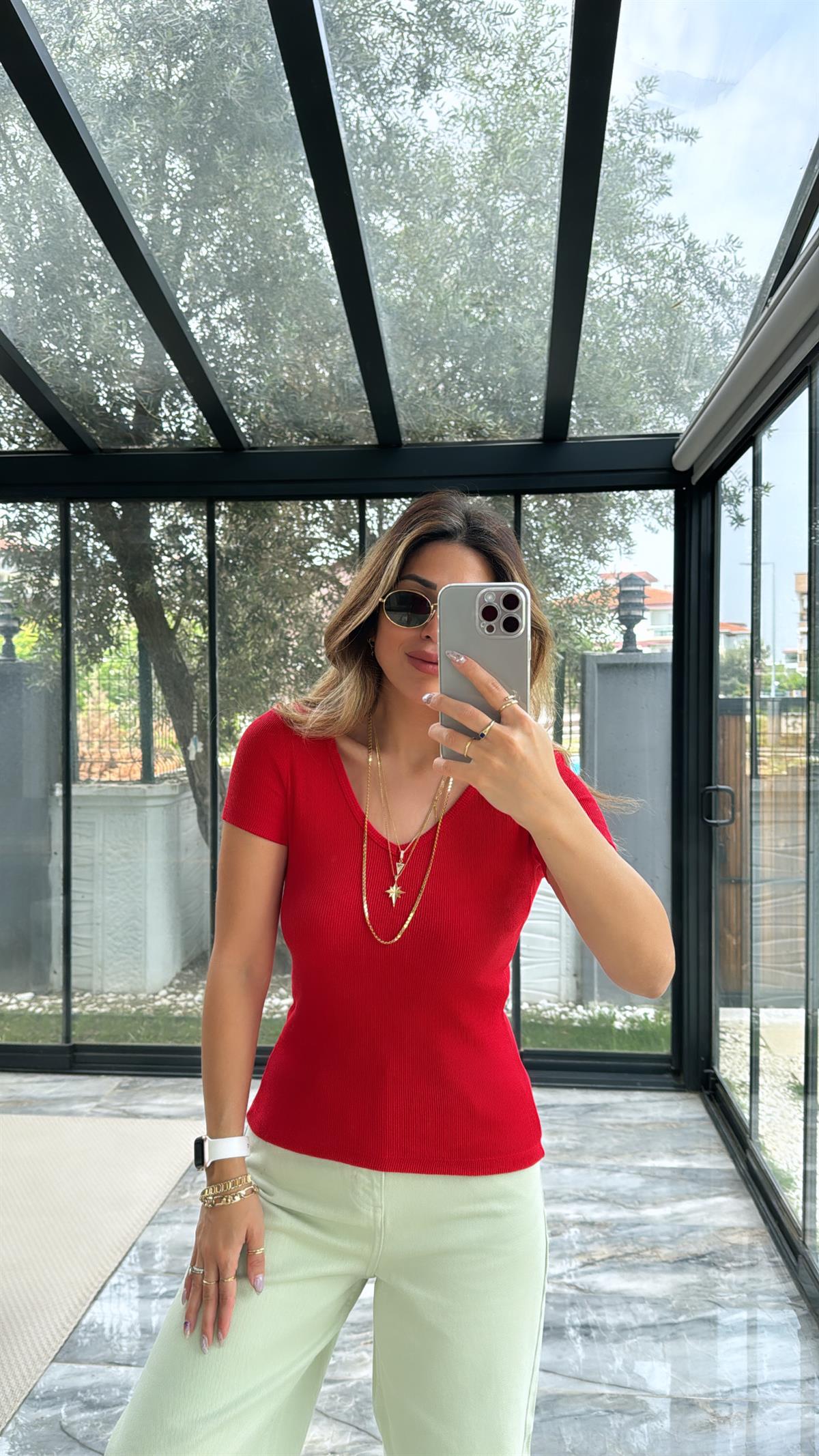 Kırmızı V Yaka Ribana Bluz