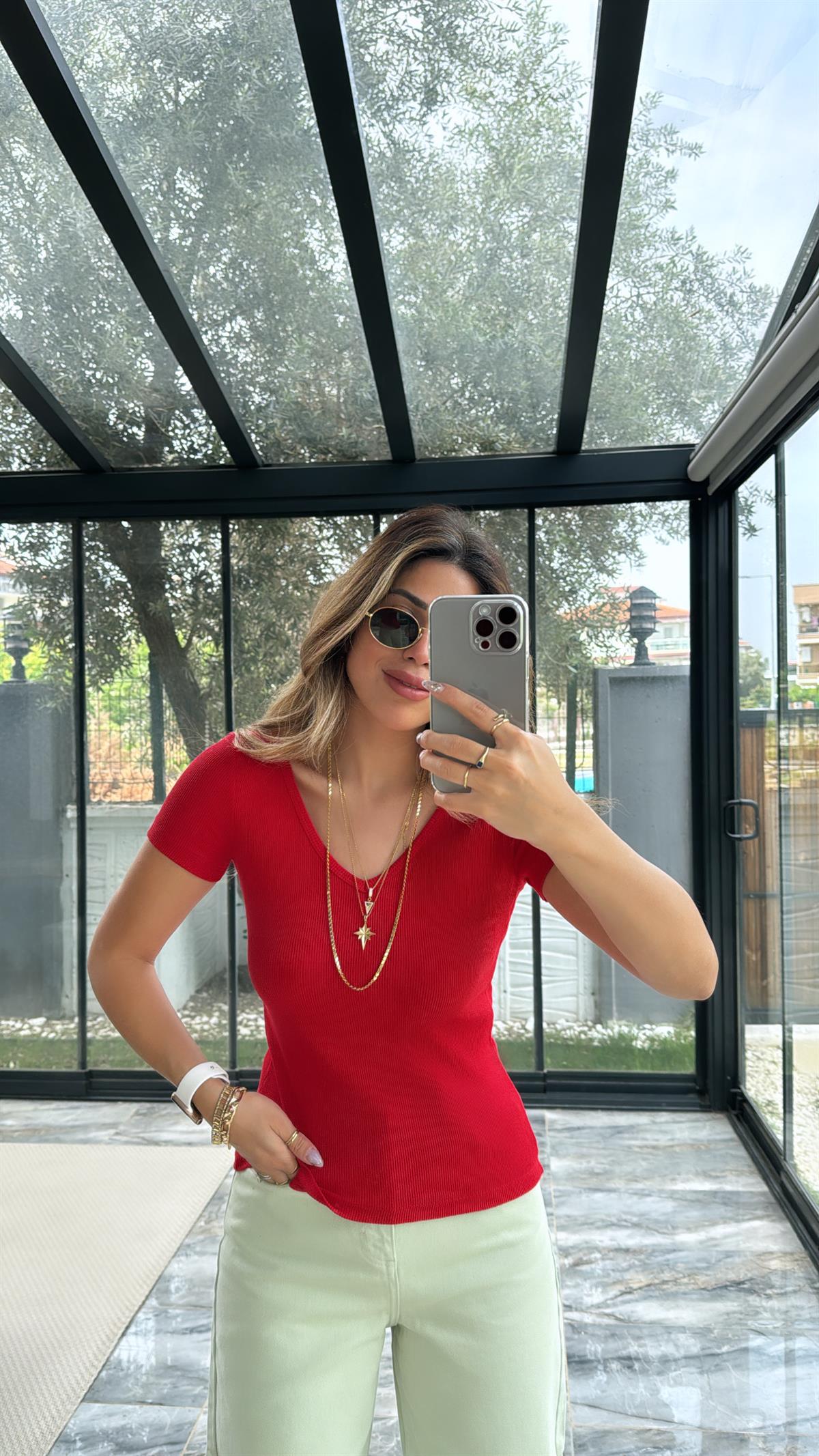 Kırmızı V Yaka Ribana Bluz