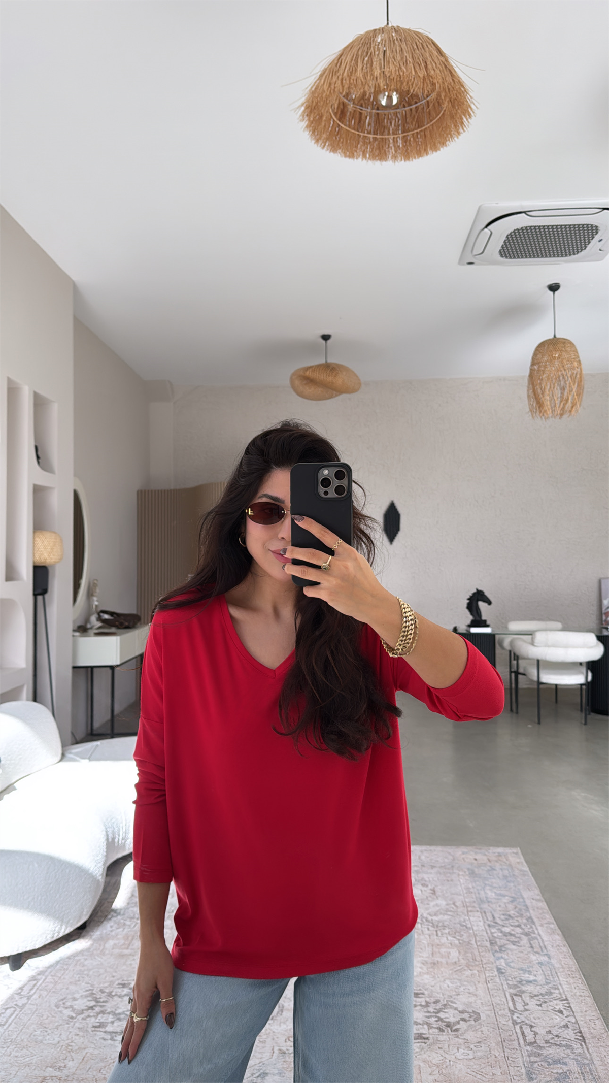 Kırmızı V Yaka Uzun Kollu İthal Kumaşlı Bluz