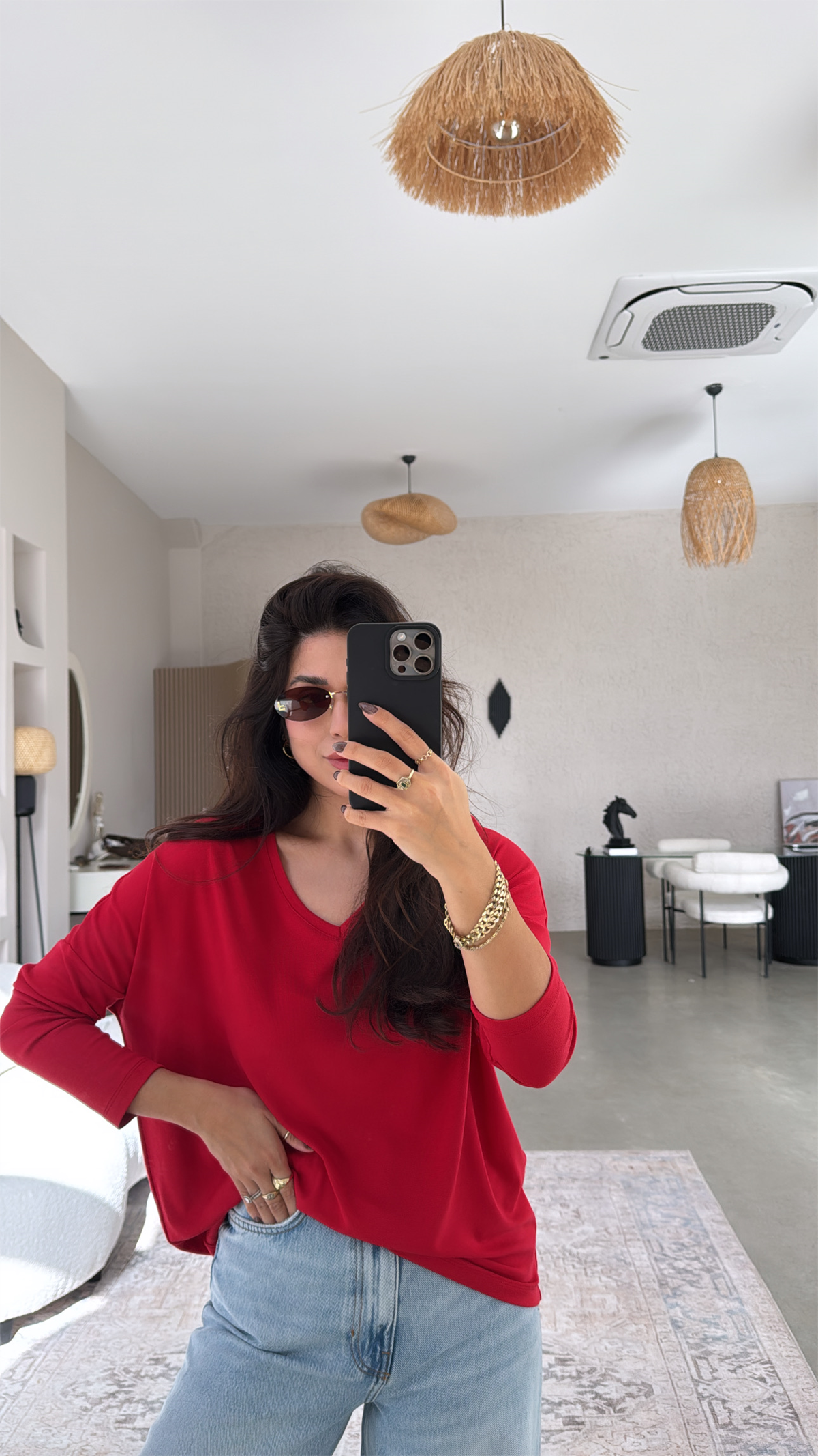 Kırmızı V Yaka Uzun Kollu İthal Kumaşlı Bluz