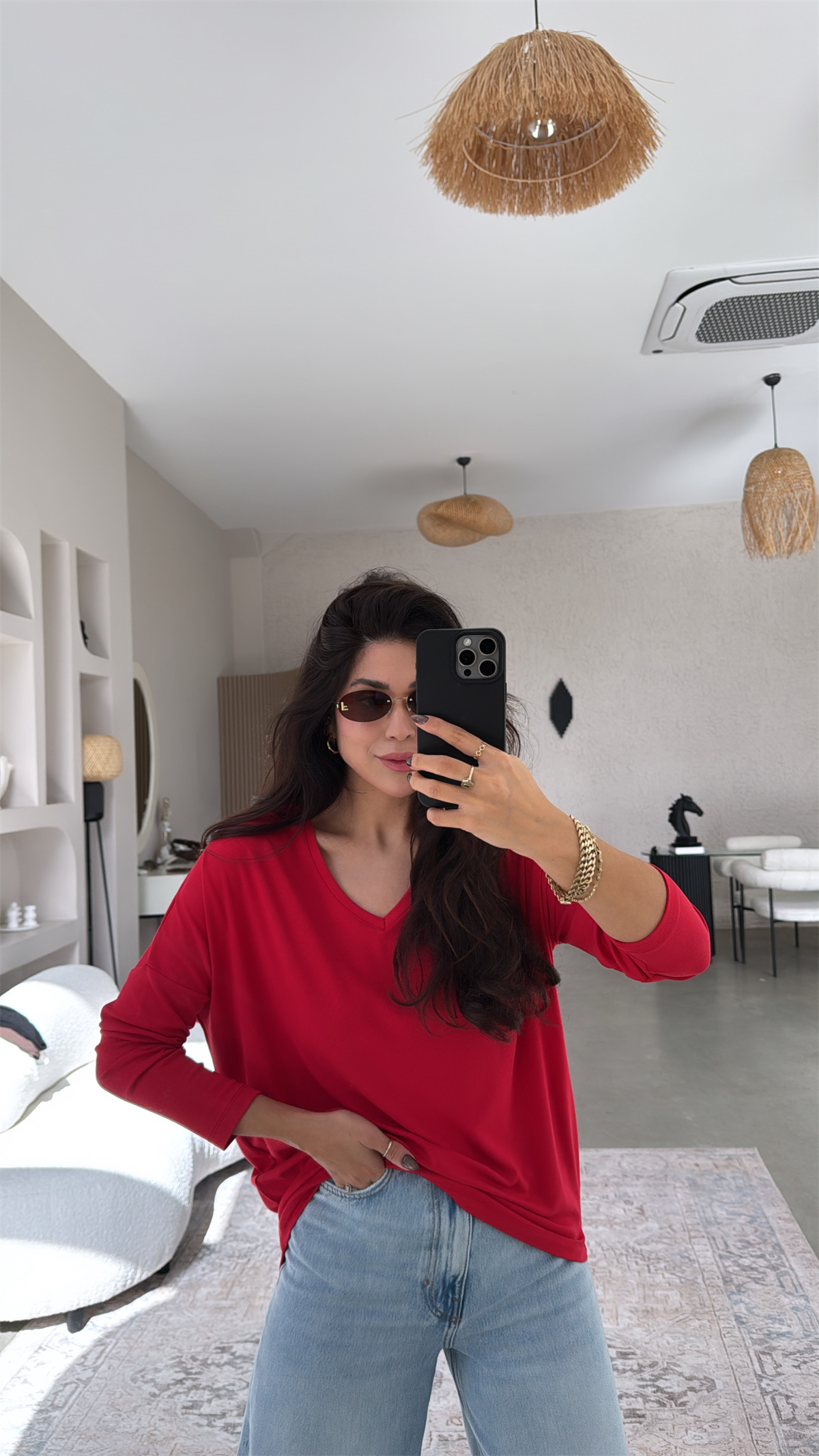 Kırmızı V Yaka Uzun Kollu İthal Kumaşlı Bluz