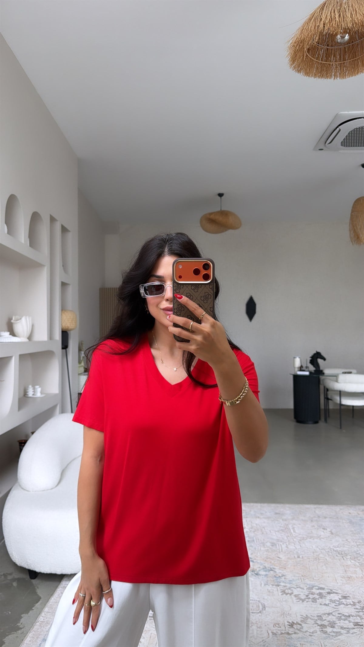 Kırmızı V Yaka Viskon Basic Tshirt