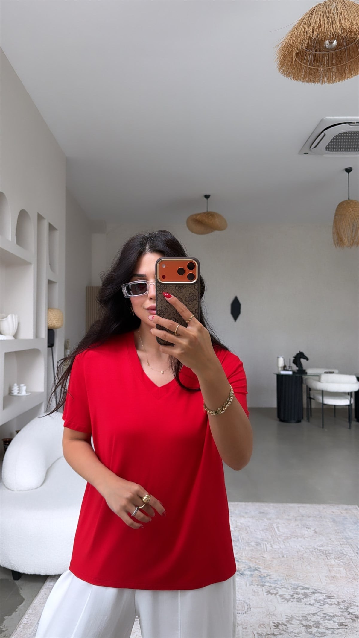 Kırmızı V Yaka Viskon Basic Tshirt