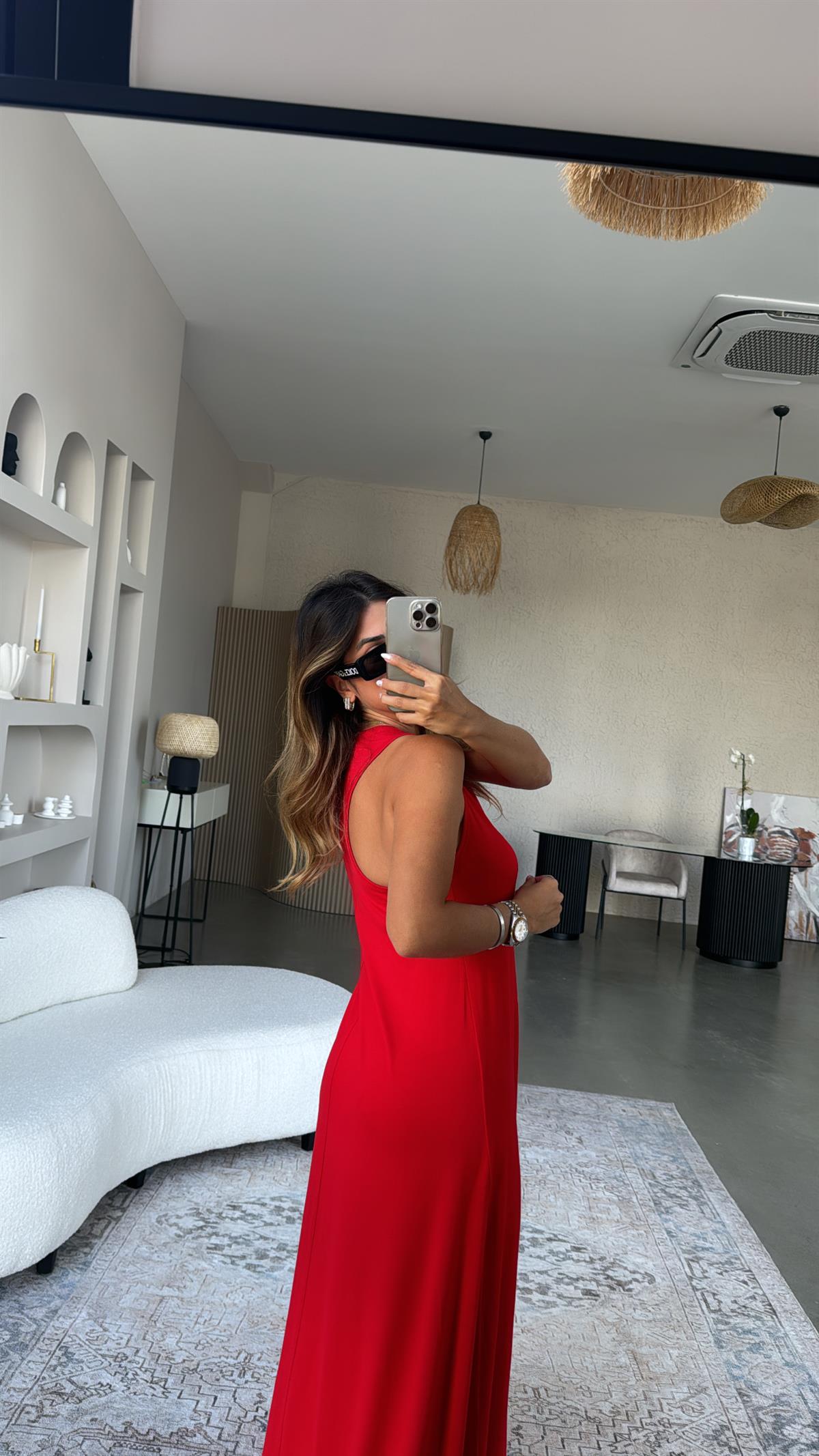 Kırmızı Viskon Maxi boy Elbise
