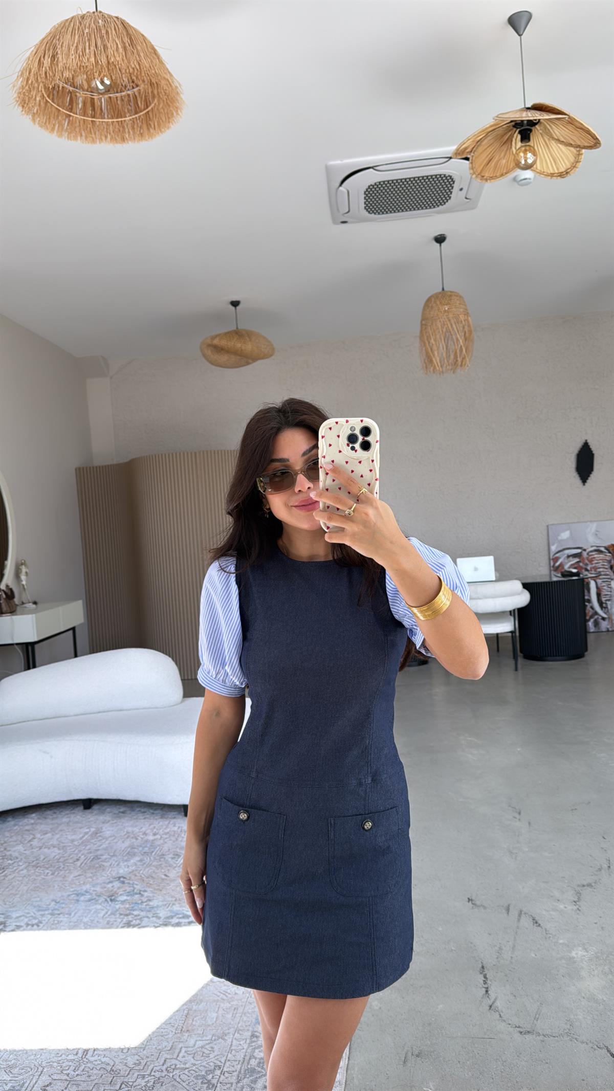 Kolları Çizgili Poplin Detay Denim Elbise