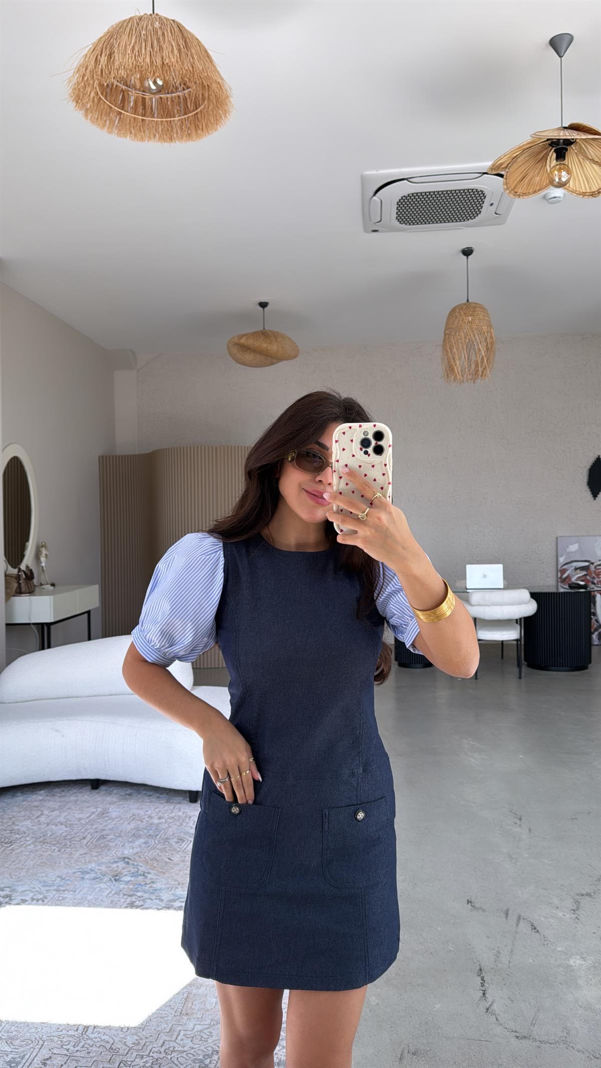 Kolları Çizgili Poplin Detay Denim Elbise