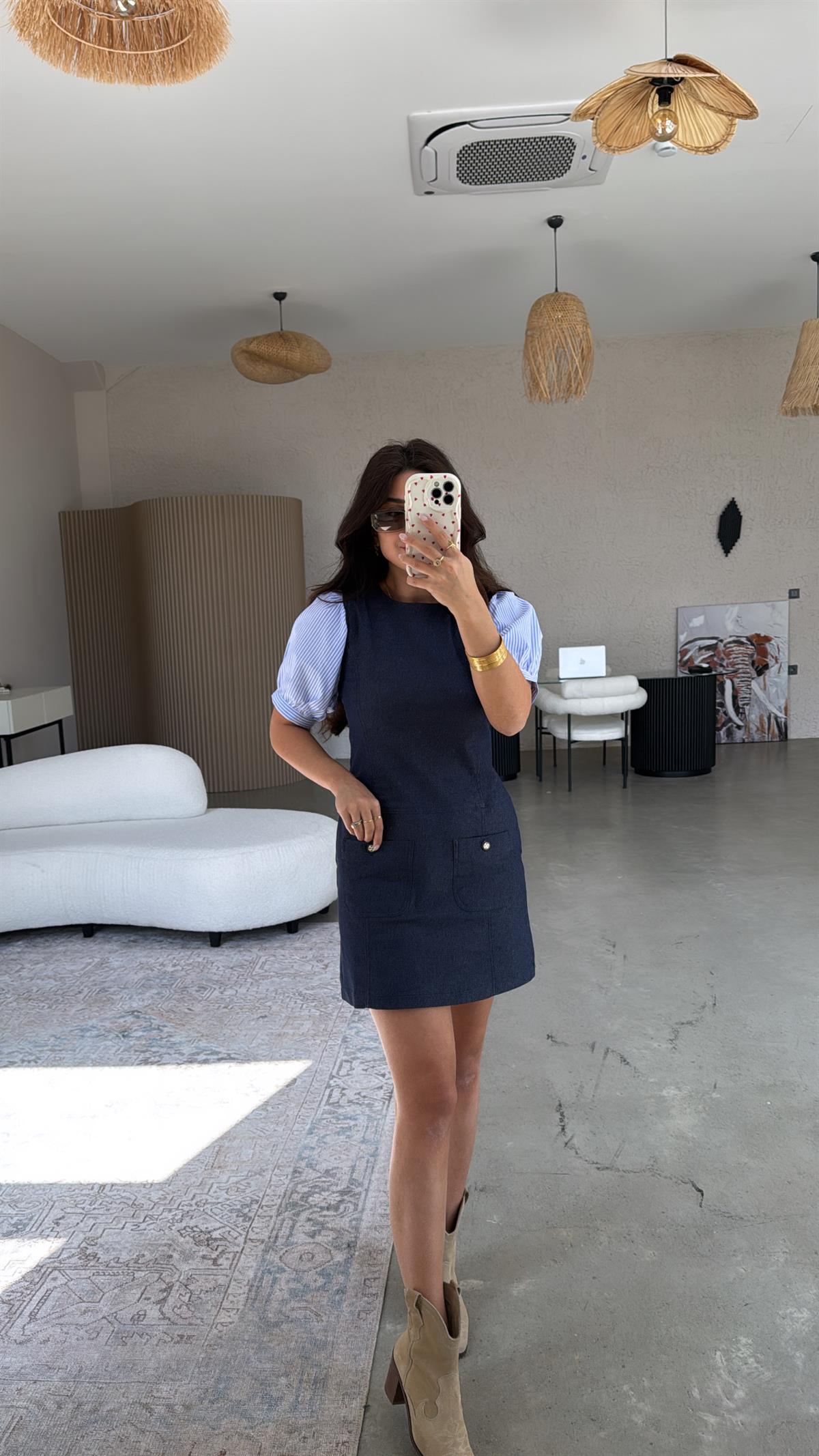 Kolları Çizgili Poplin Detay Denim Elbise