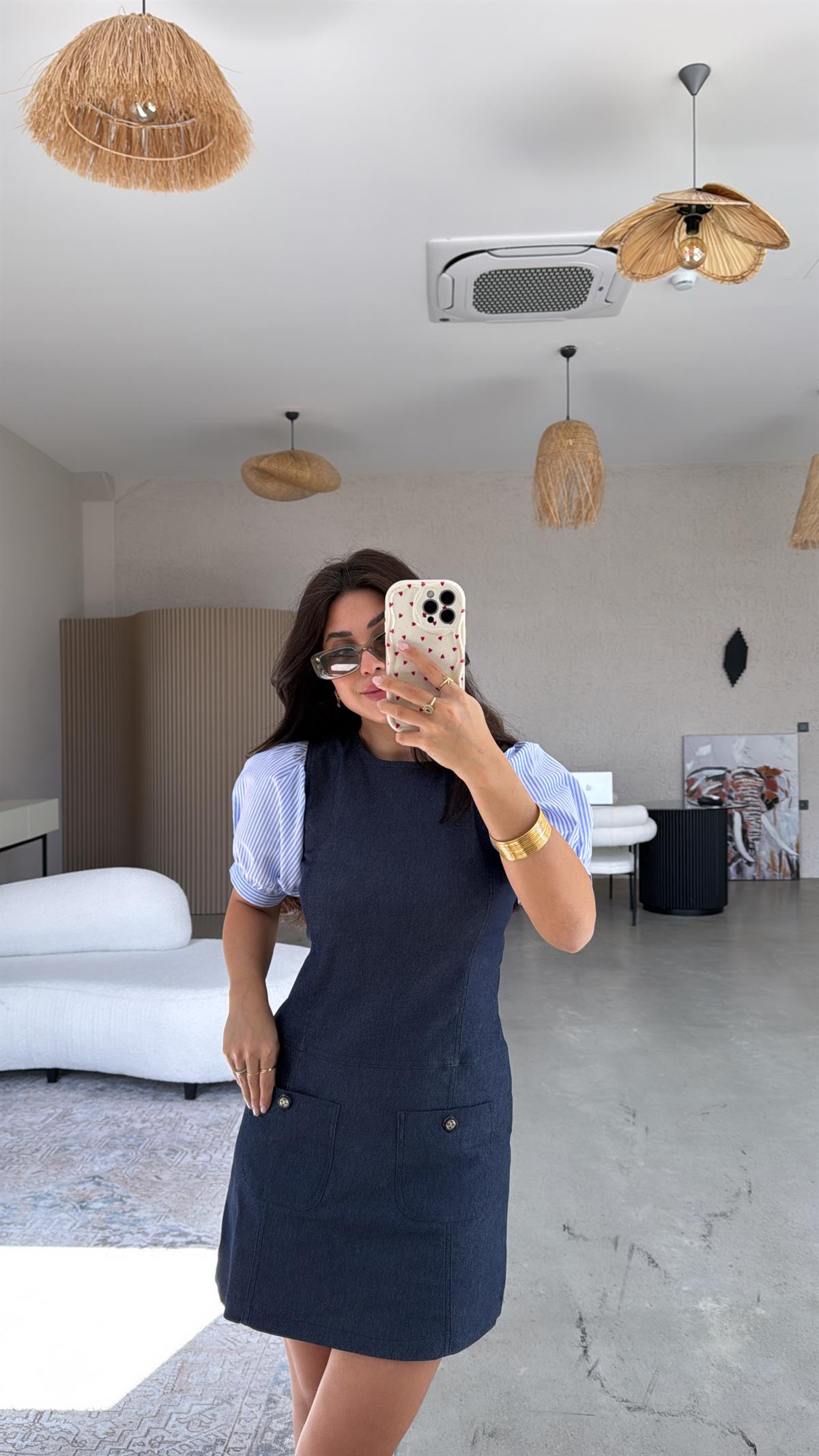 Kolları Çizgili Poplin Detay Denim Elbise