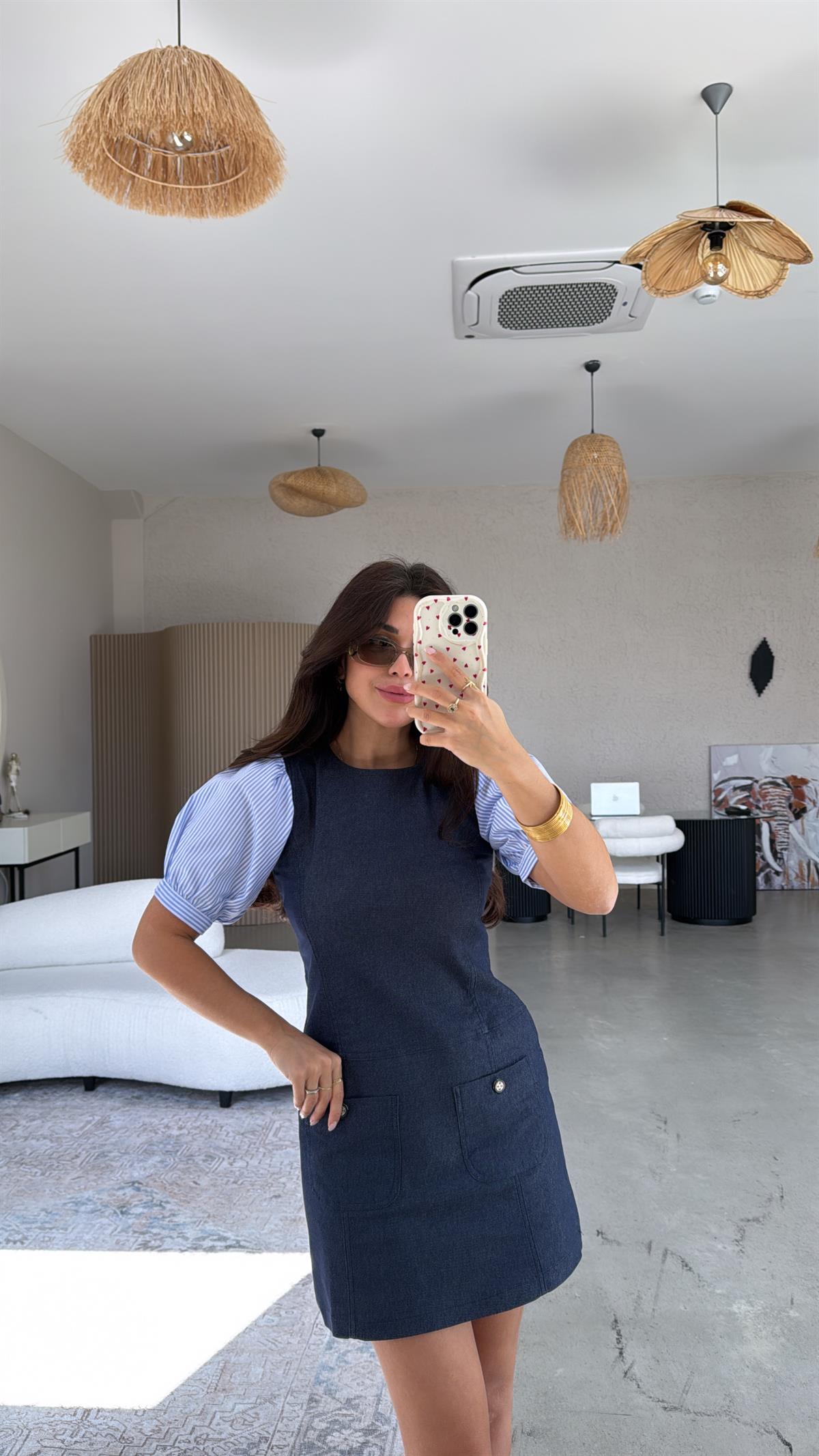 Kolları Çizgili Poplin Detay Denim Elbise