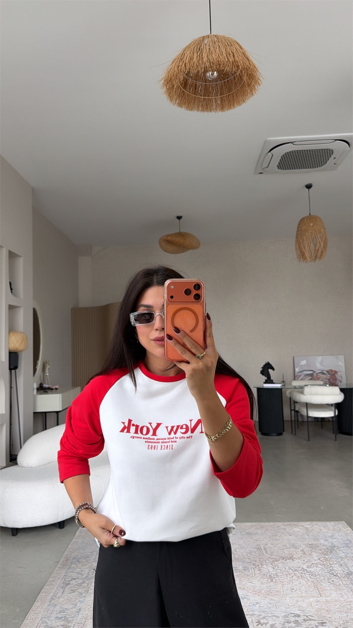 Kolları Kırmızı New York İki İplik Sweatshirt
