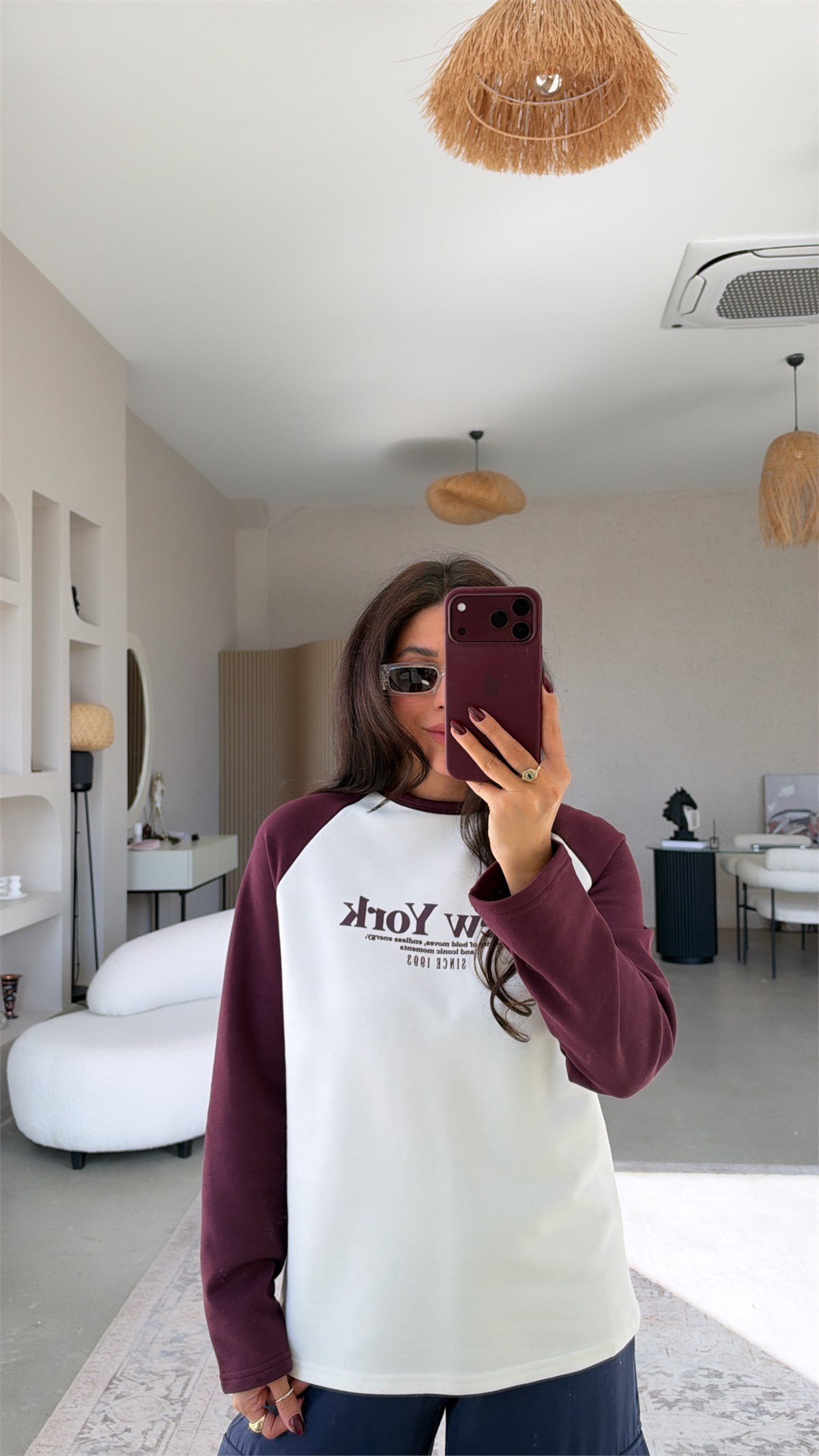 Kolları Mürdüm New York İki İplik Sweatshirt