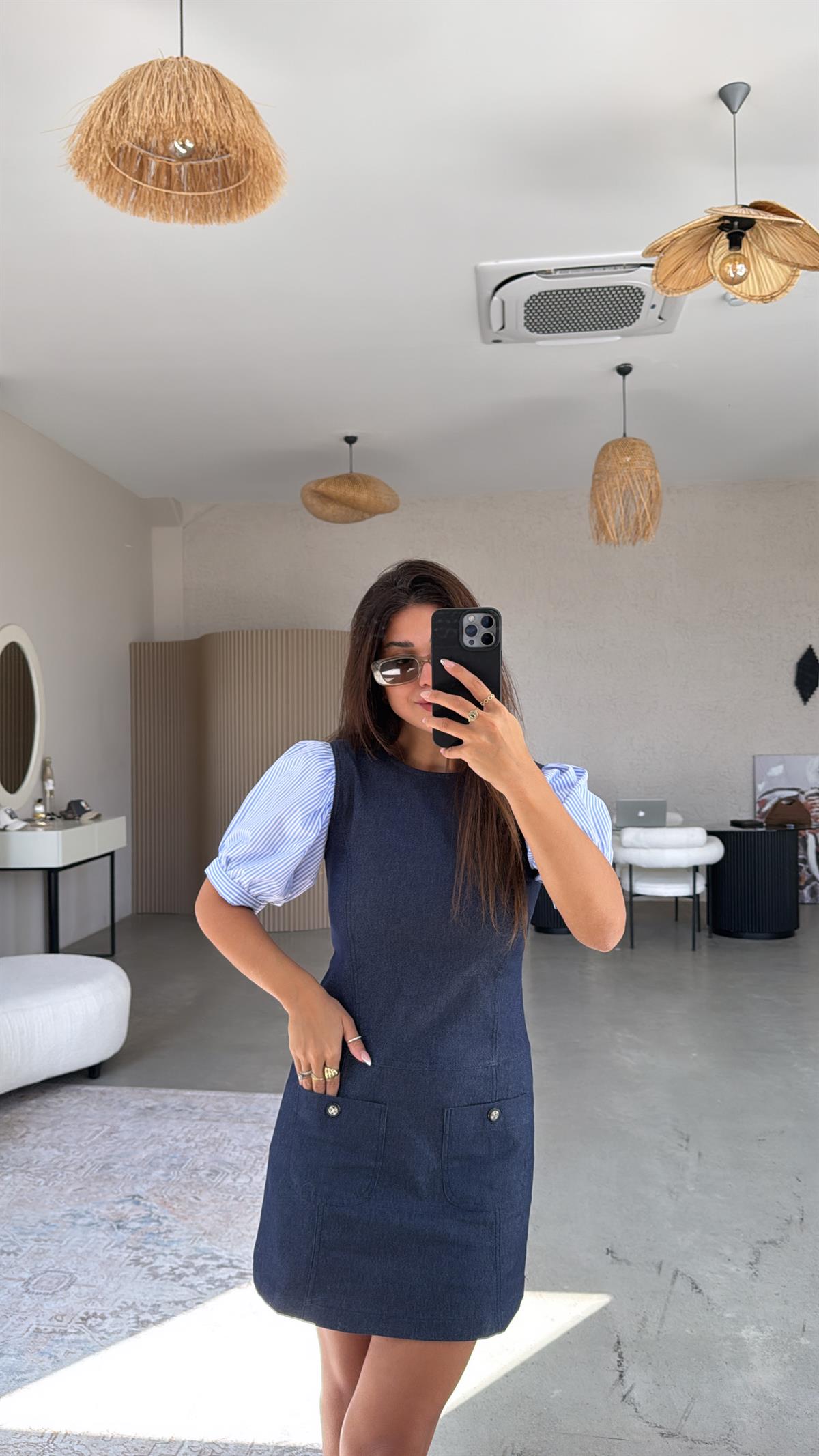 Kolları Poplin Çizgi Detay Denim Elbise