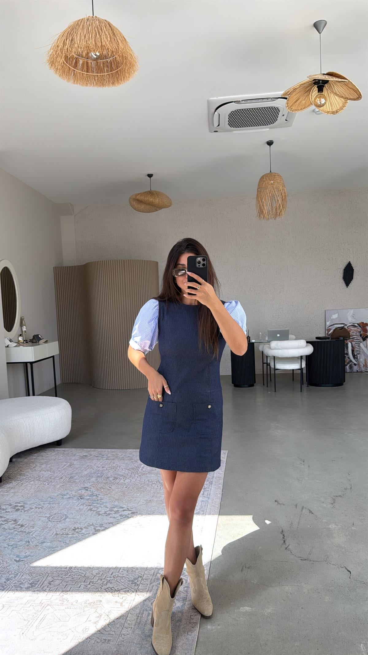 Kolları Poplin Çizgi Detay Denim Elbise