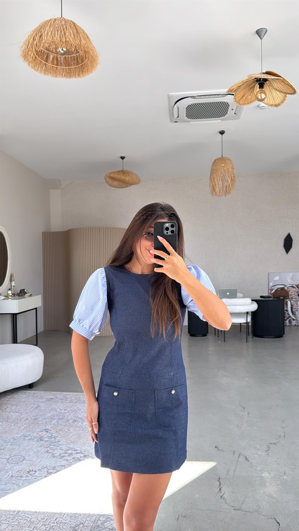 Kolları Poplin Çizgi Detay Denim Elbise