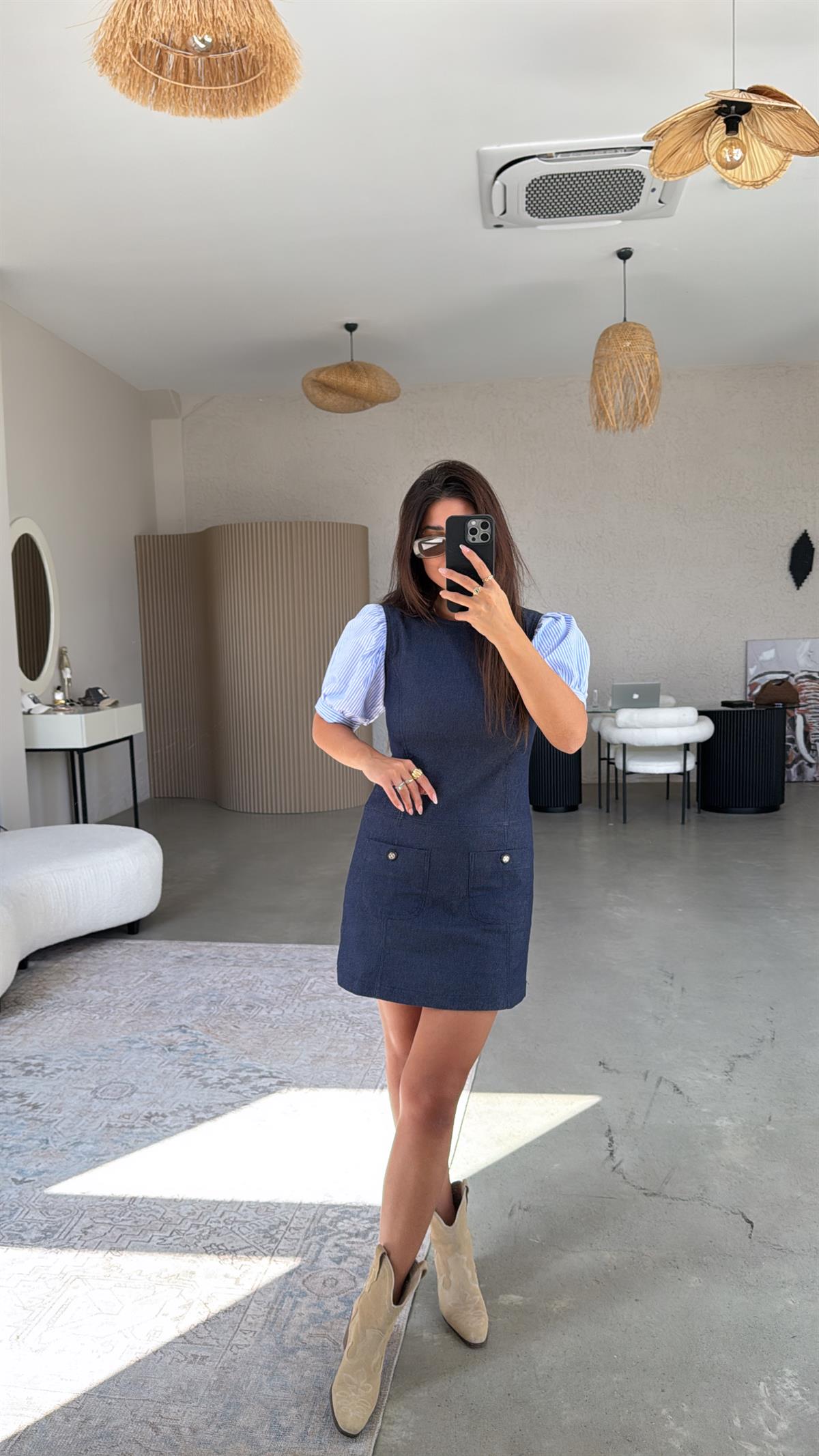 Kolları Poplin Çizgi Detay Denim Elbise
