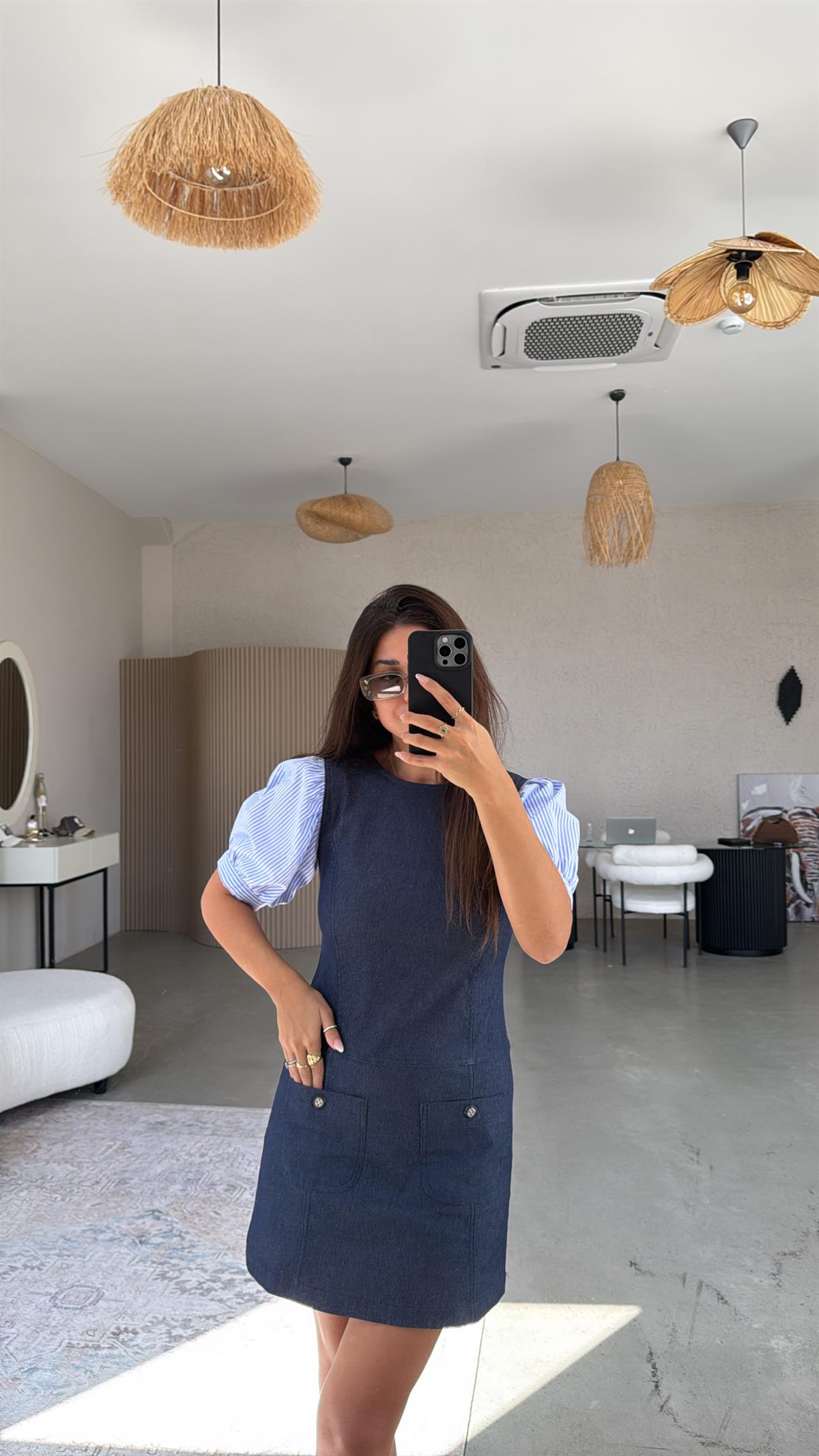 Kolları Poplin Çizgi Detay Denim Elbise