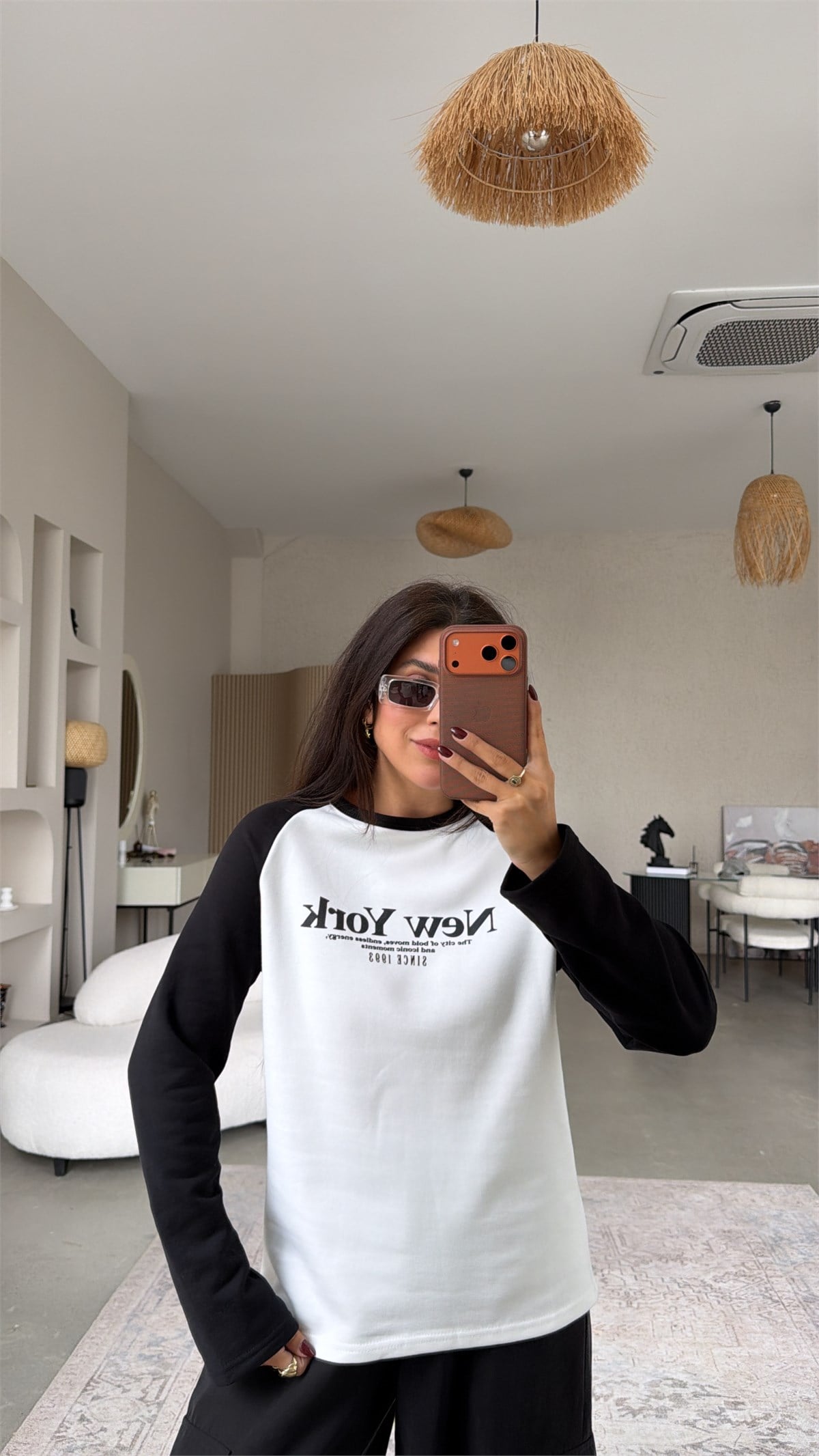 Kolları Siyah New York İki İplik Sweatshirt