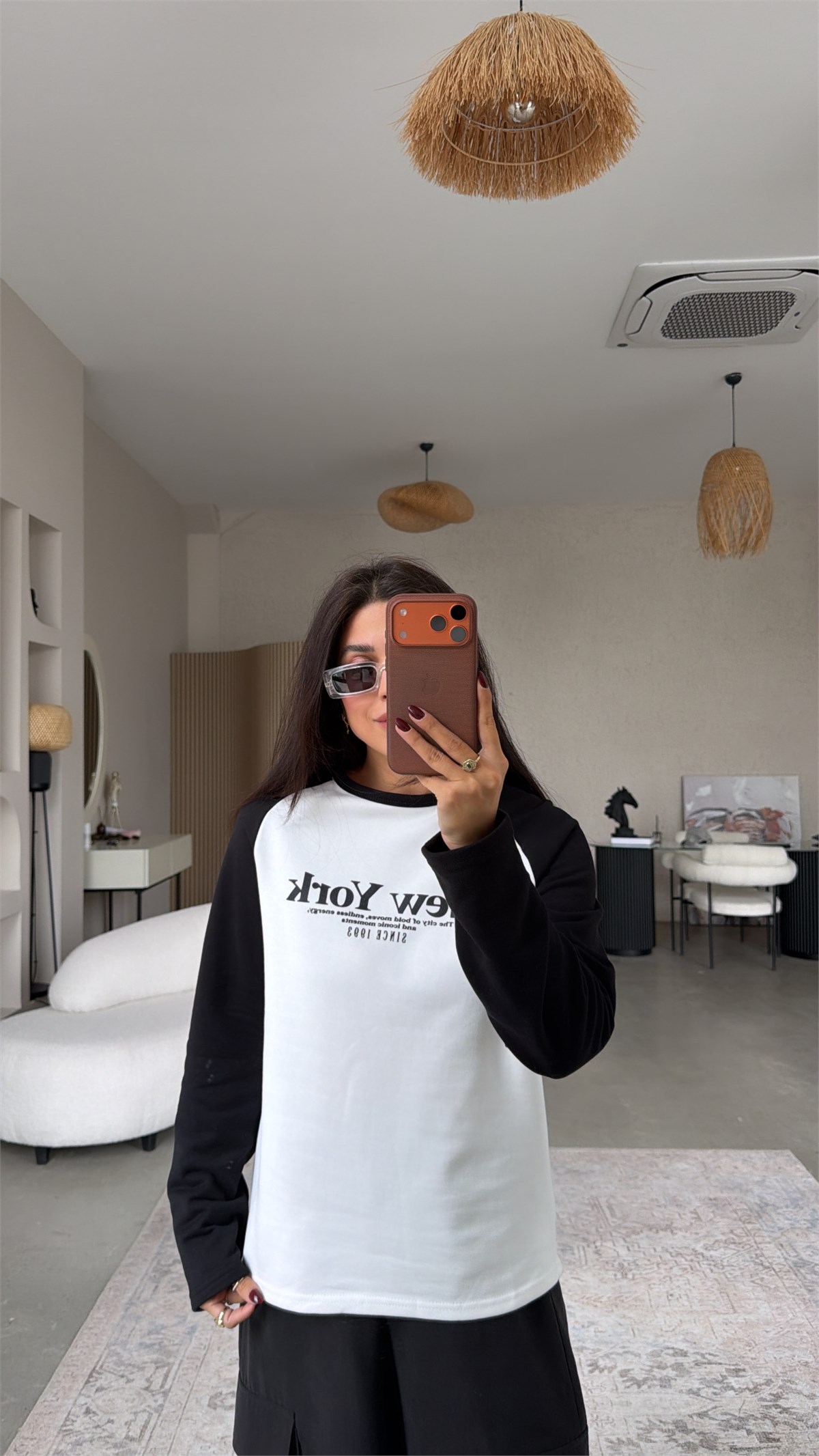 Kolları Siyah New York İki İplik Sweatshirt
