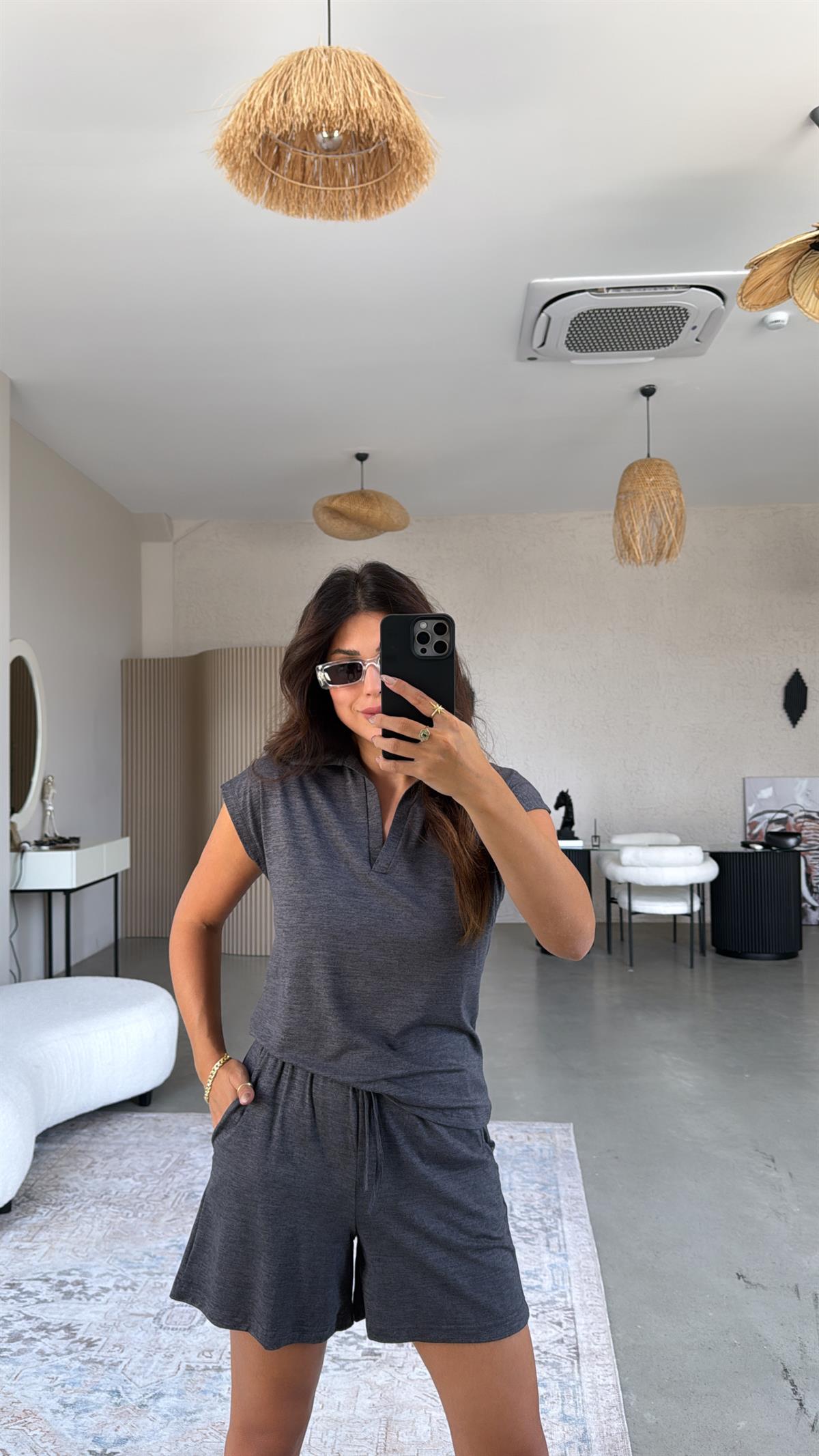 Koyu Antrasit Şortlu Polo Yaka Tshirt Takım