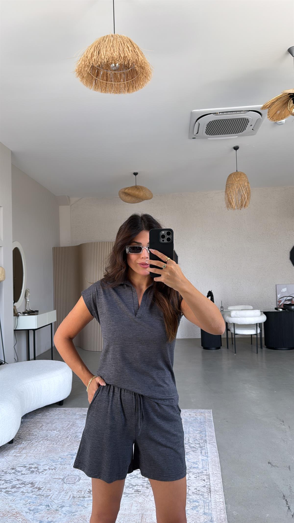 Koyu Antrasit Şortlu Polo Yaka Tshirt Takım