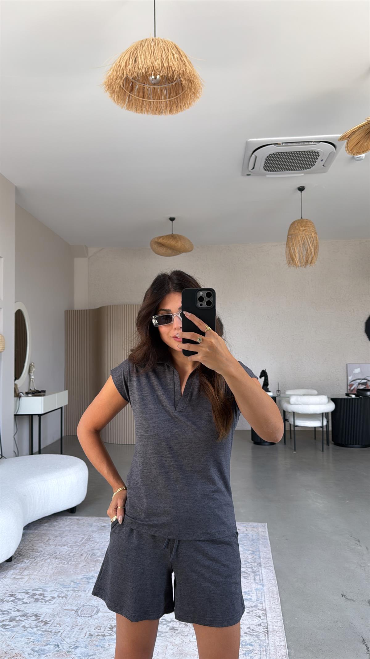 Koyu Antrasit Şortlu Polo Yaka Tshirt Takım