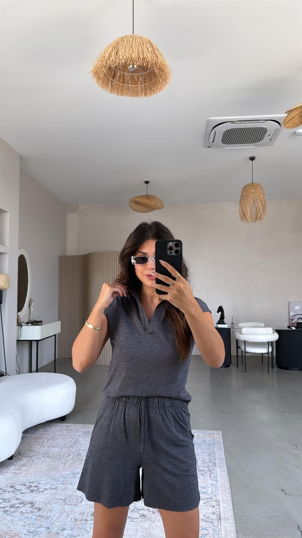 Koyu Antrasit Şortlu Polo Yaka Tshirt Takım