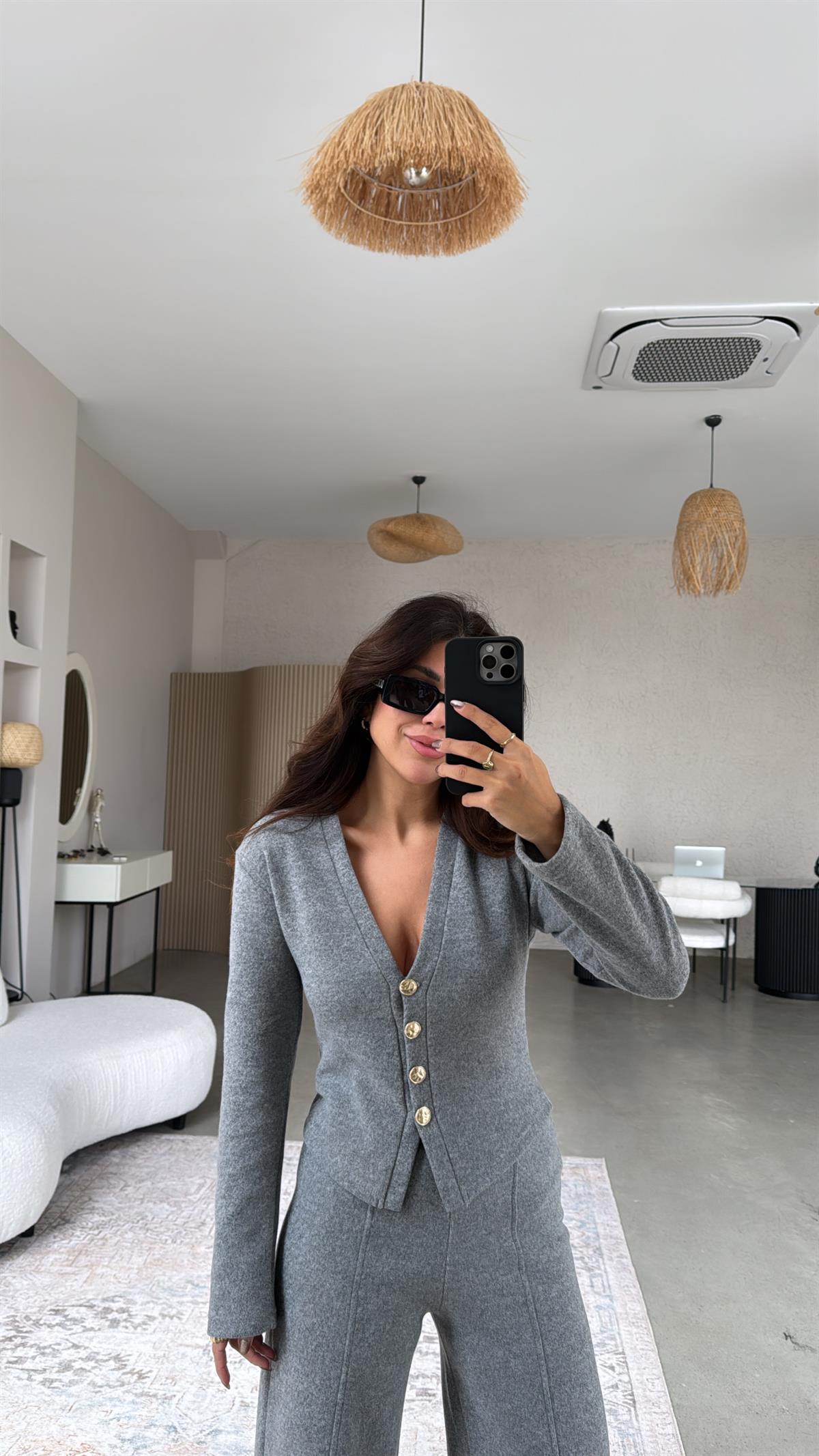 Koyu Gri Selanik Triko ZR model Hırka Pantolon Takım