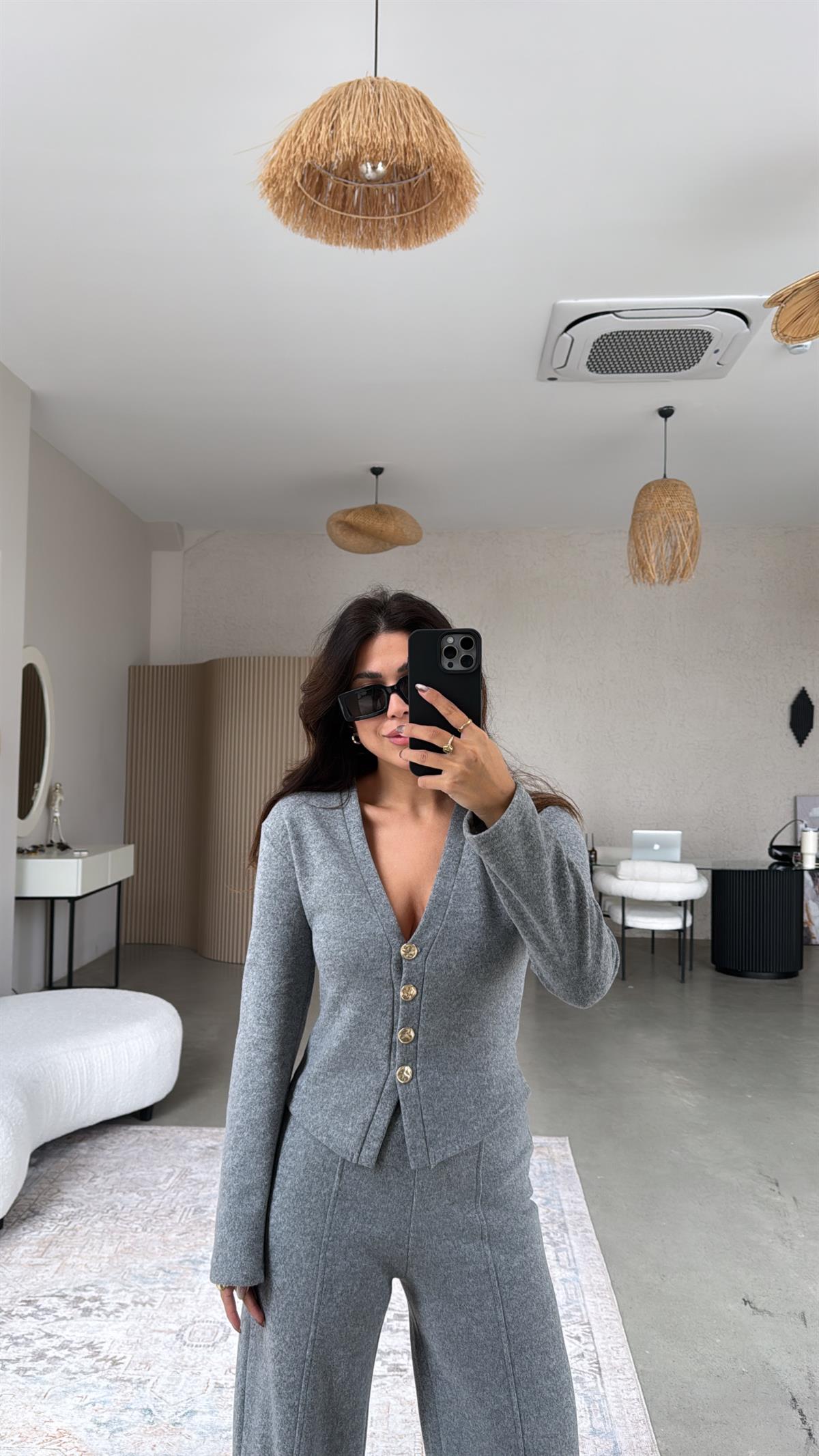 Koyu Gri Selanik Triko ZR model Hırka Pantolon Takım