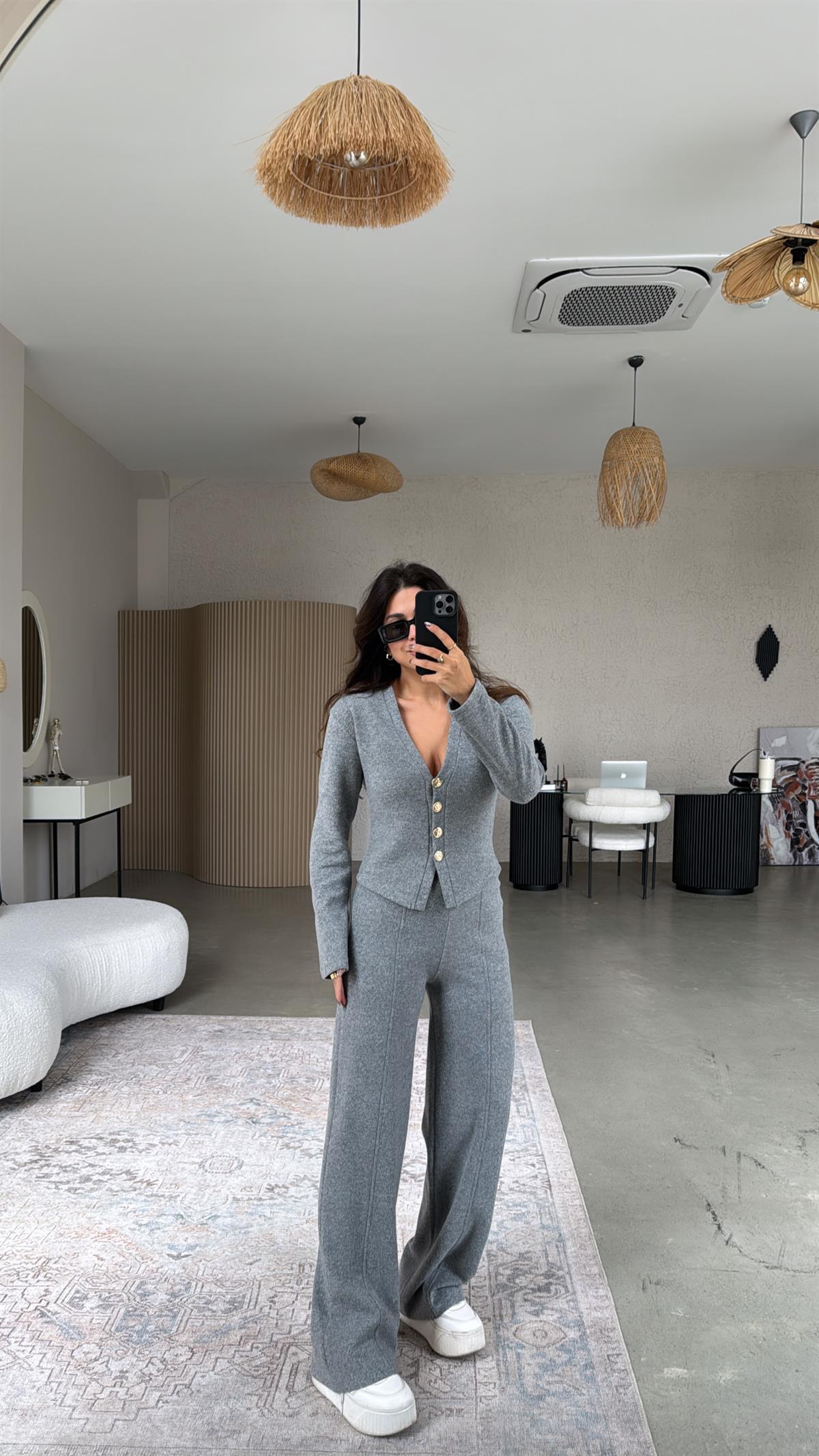 Koyu Gri Selanik Triko ZR model Hırka Pantolon Takım