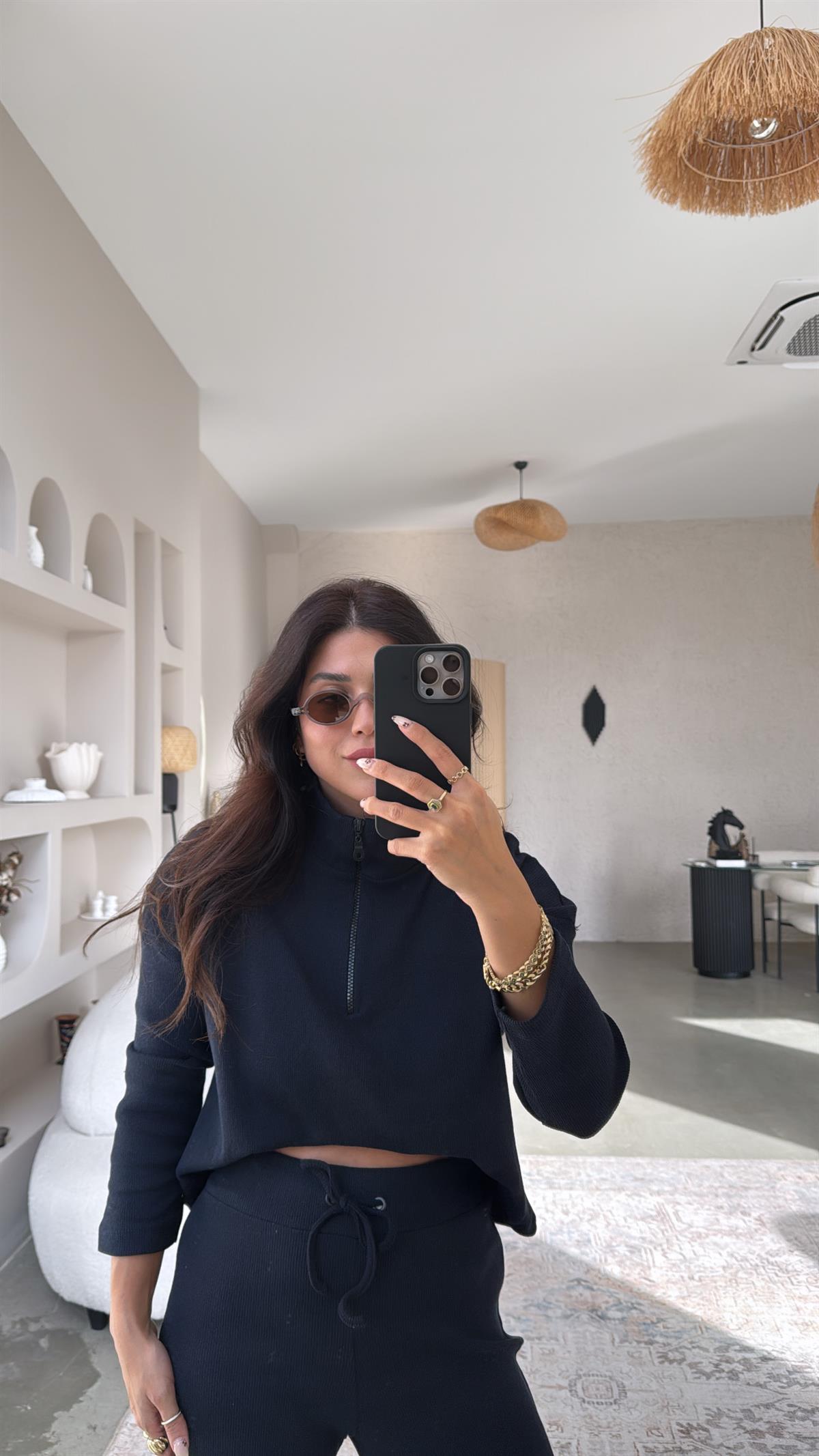 Koyu Lacivert Yarım Fermuarlı Fitilli Basic Takım