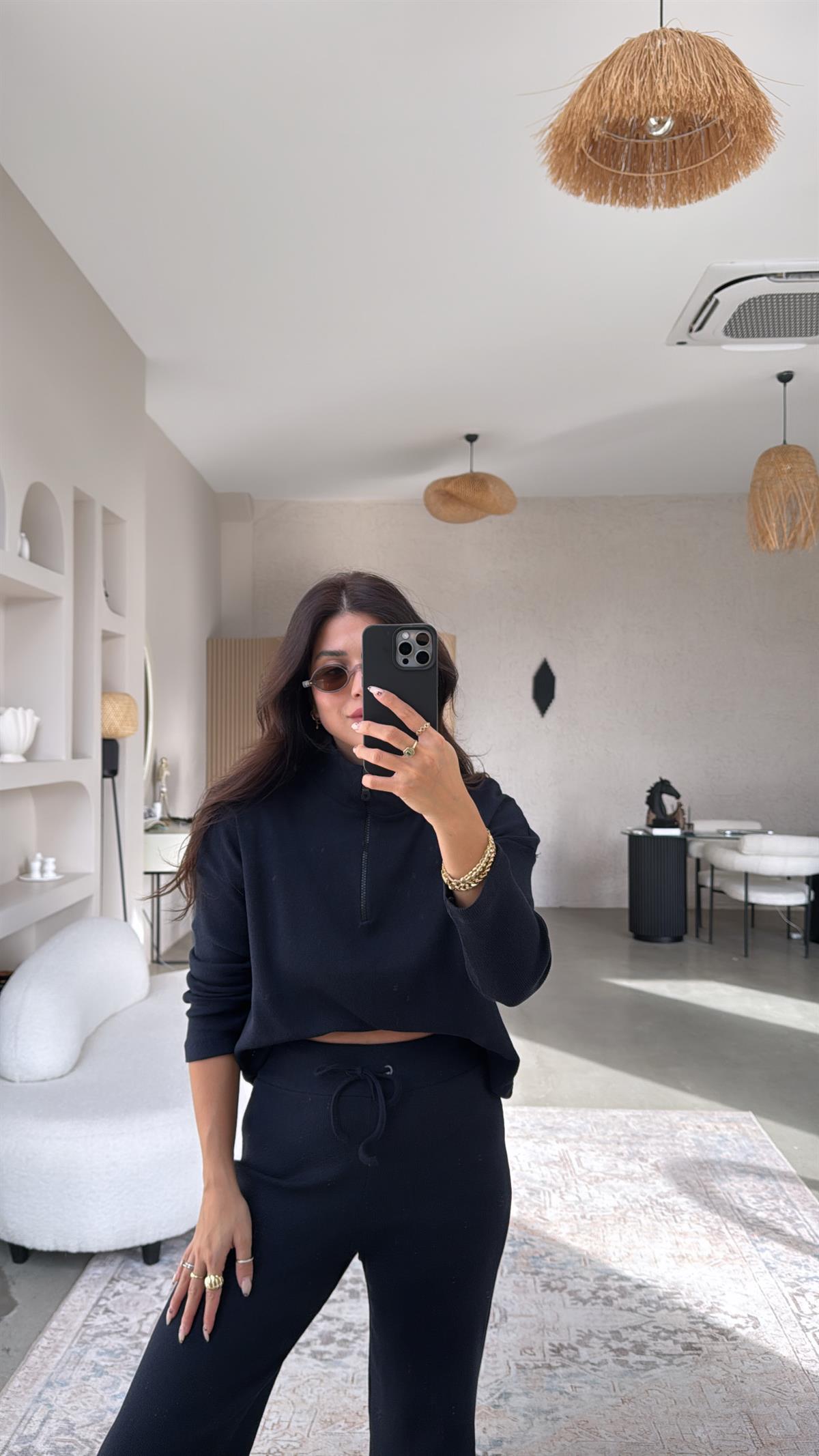 Koyu Lacivert Yarım Fermuarlı Fitilli Basic Takım