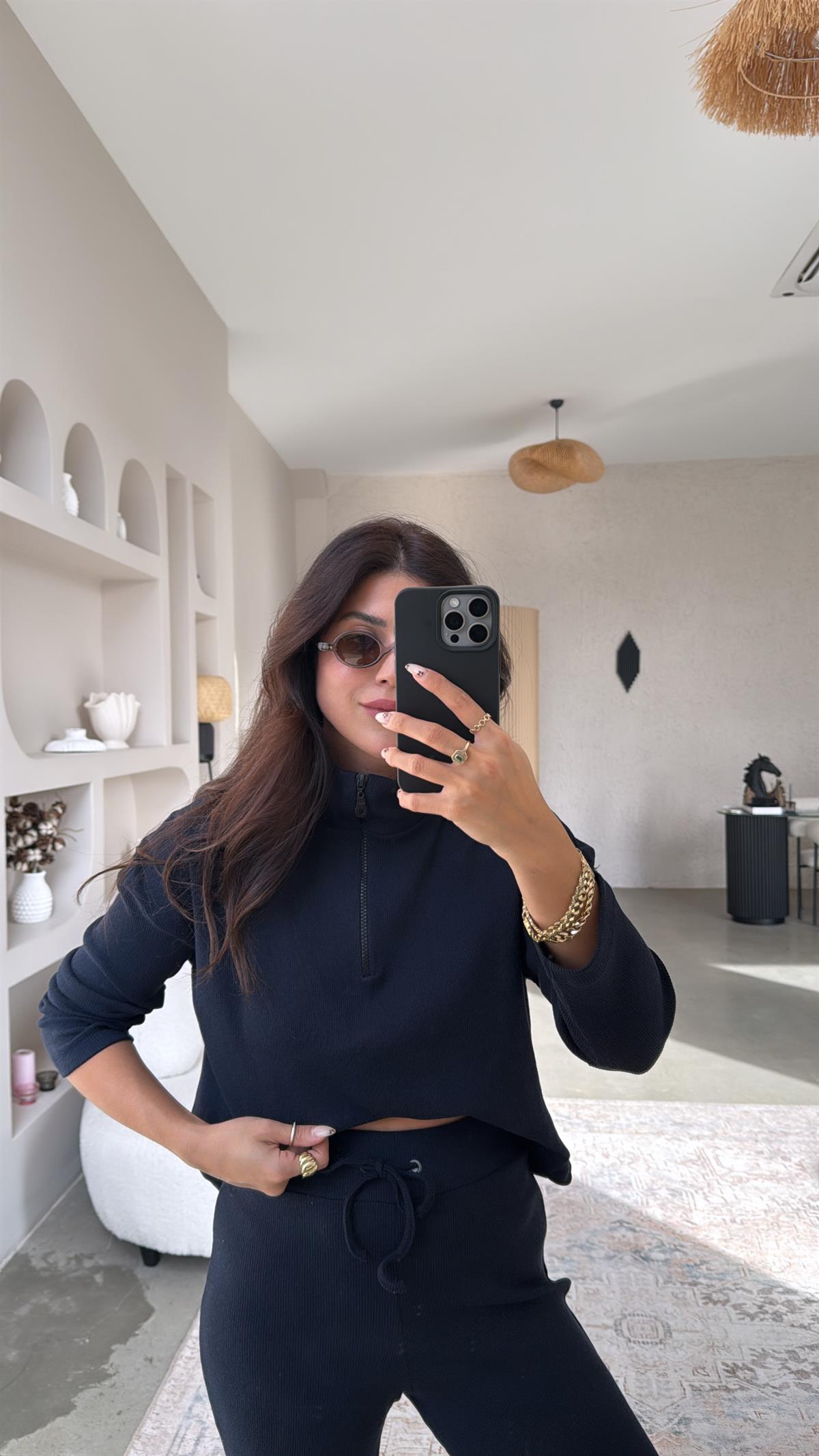 Koyu Lacivert Yarım Fermuarlı Fitilli Basic Takım