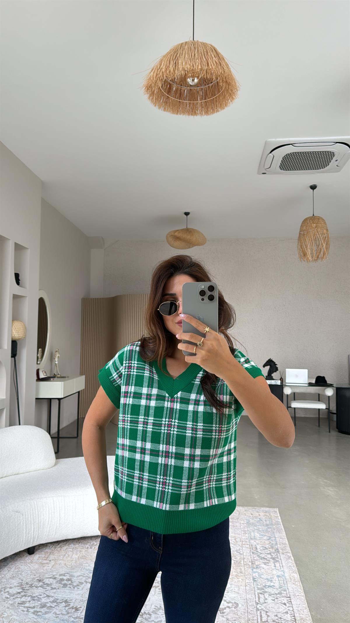 Koyu Yeşil Ekose Desenli Triko Bluz