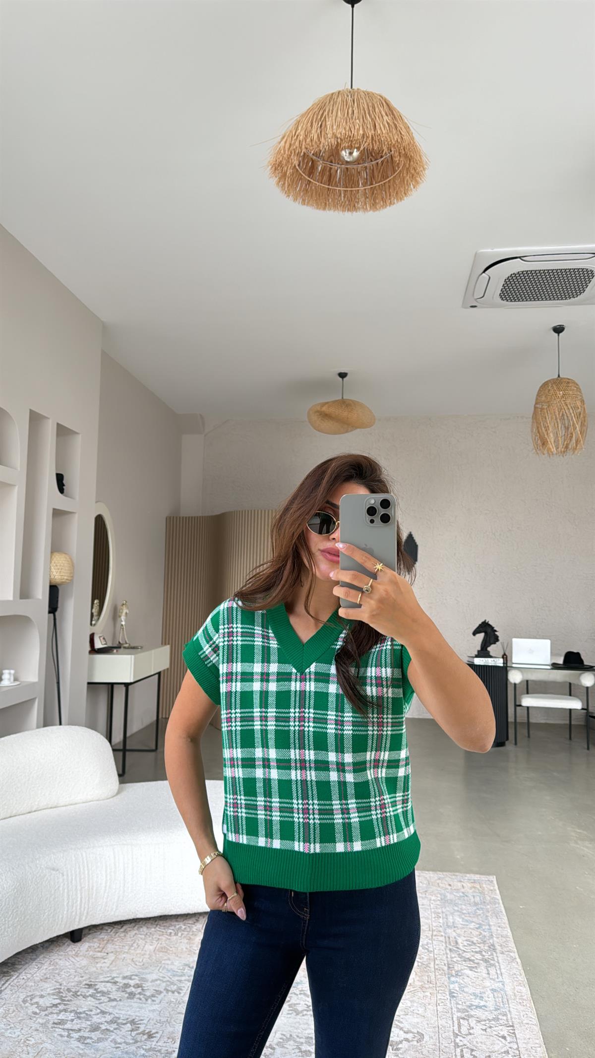 Koyu Yeşil Ekose Desenli Triko Bluz