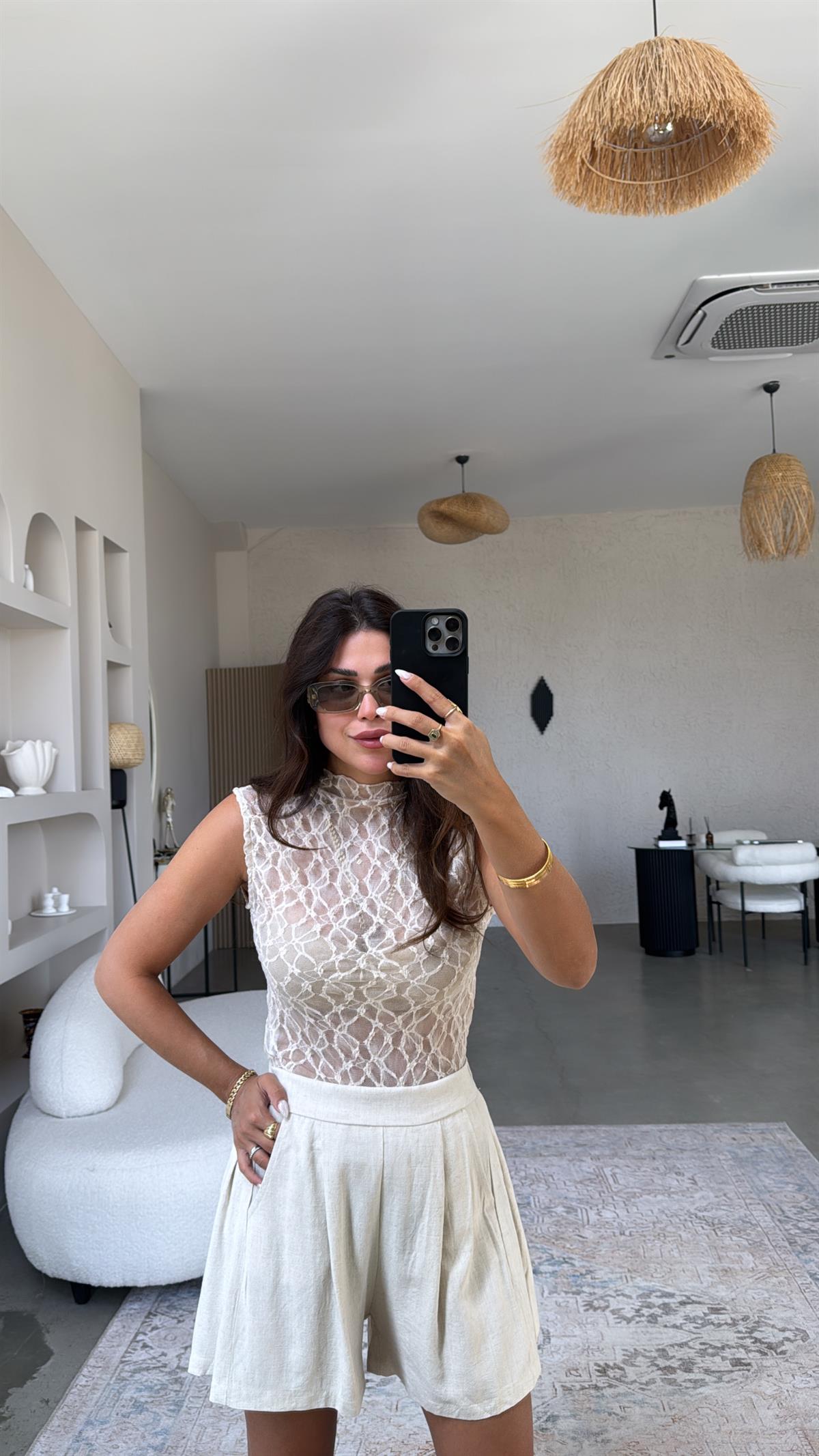 Krem Dik Yaka Tül Bluz