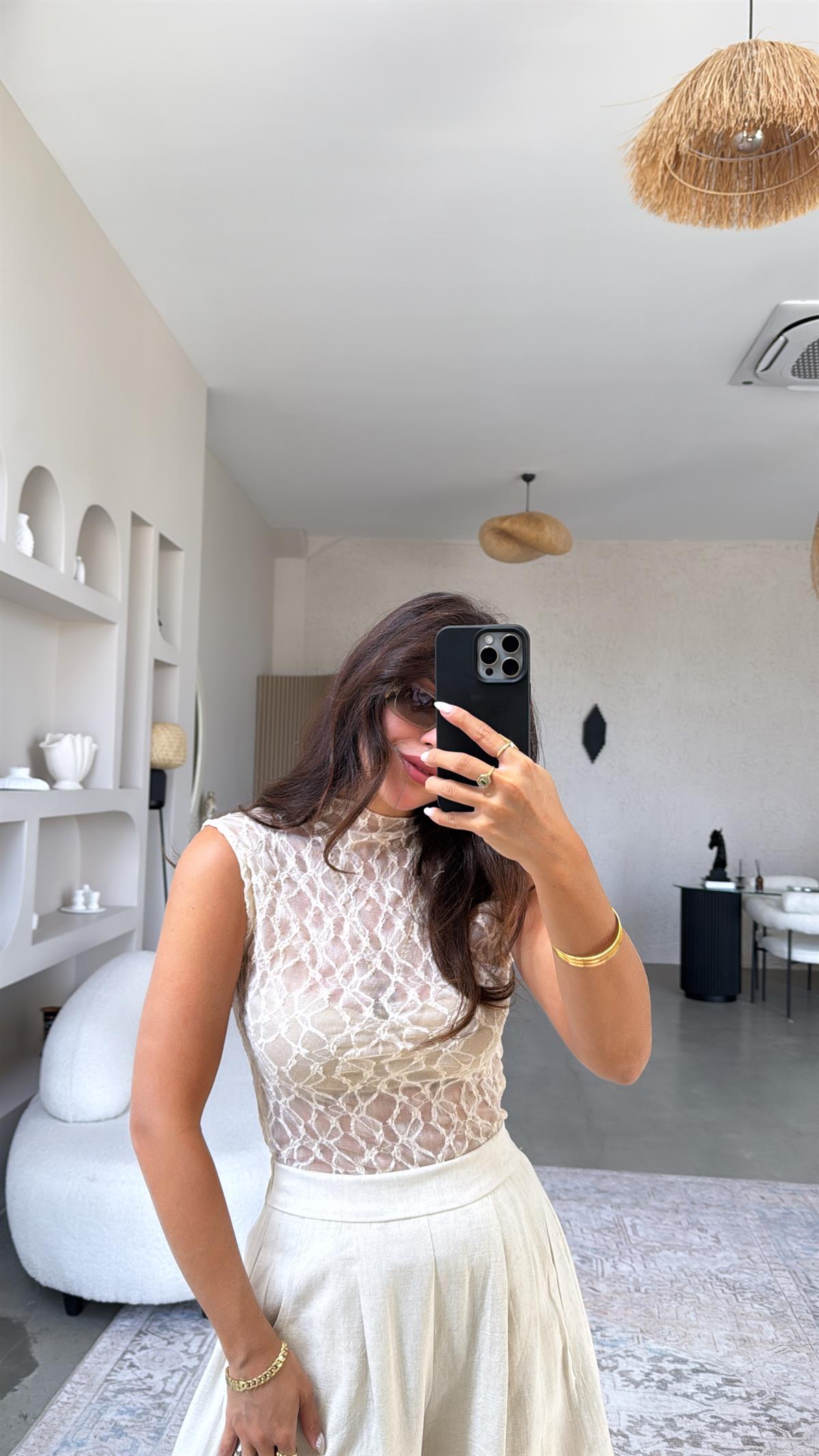 Krem Dik Yaka Tül Bluz