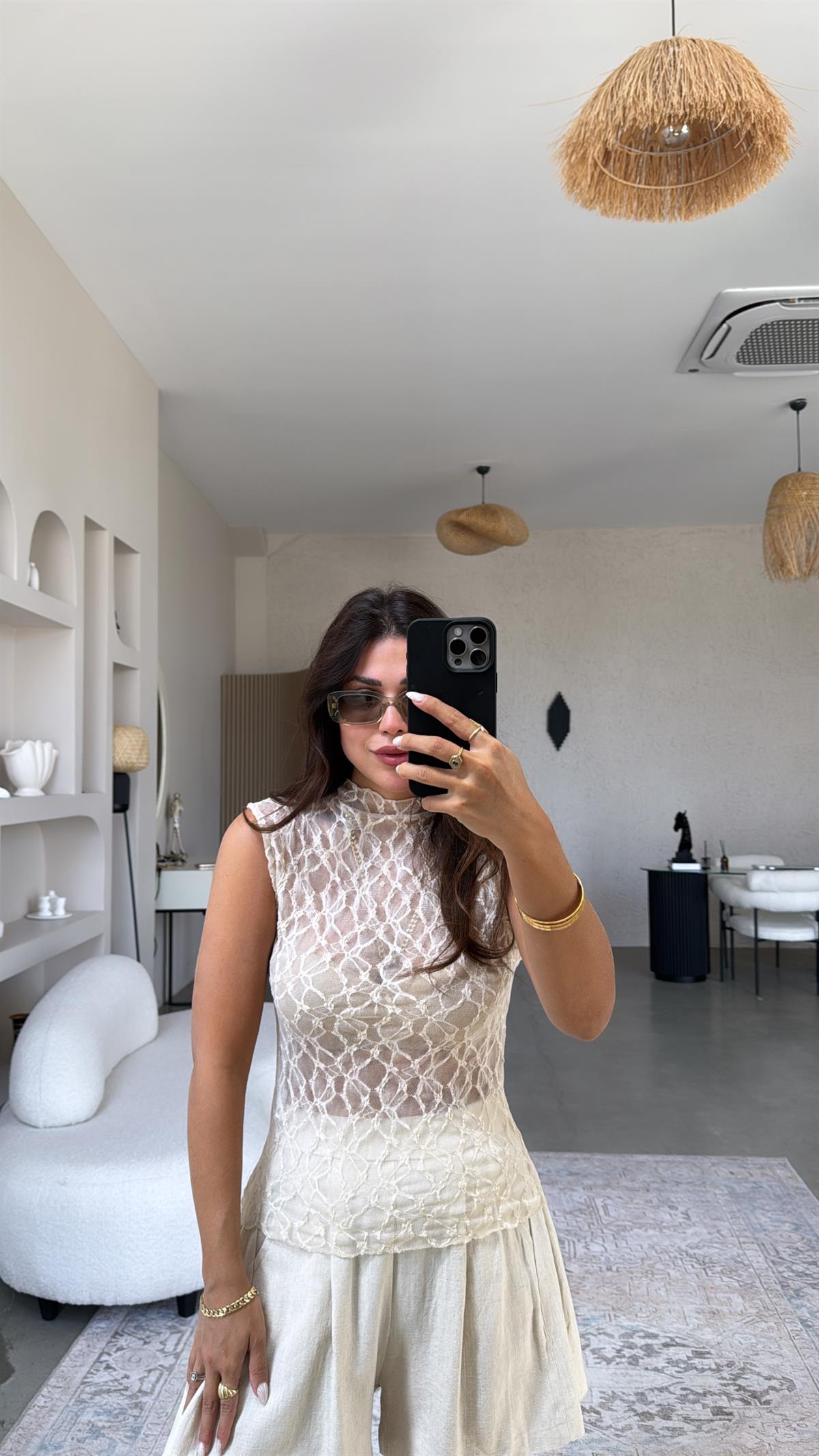 Krem Dik Yaka Tül Bluz