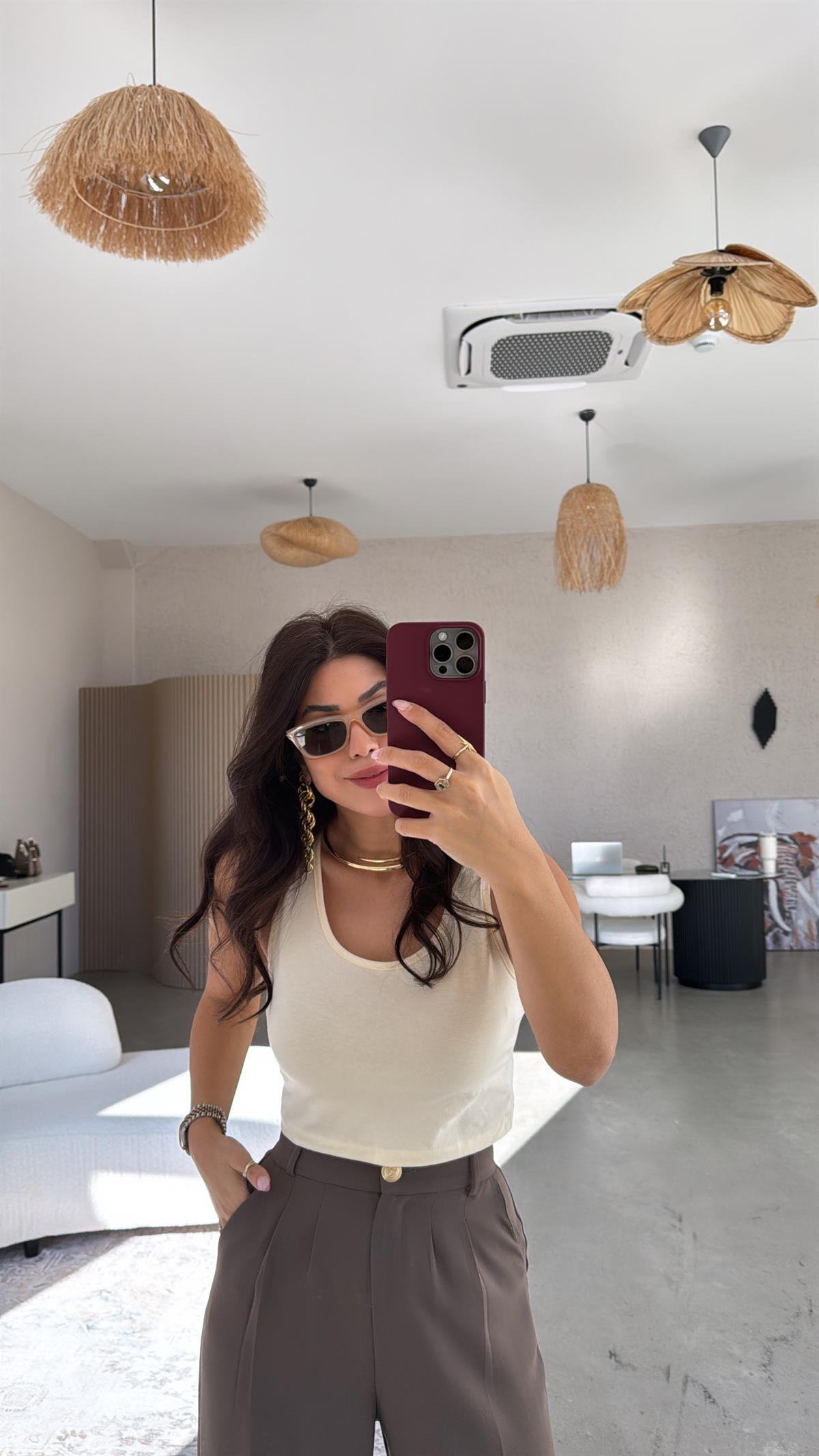 Krem Pamuklu Crop Atlet