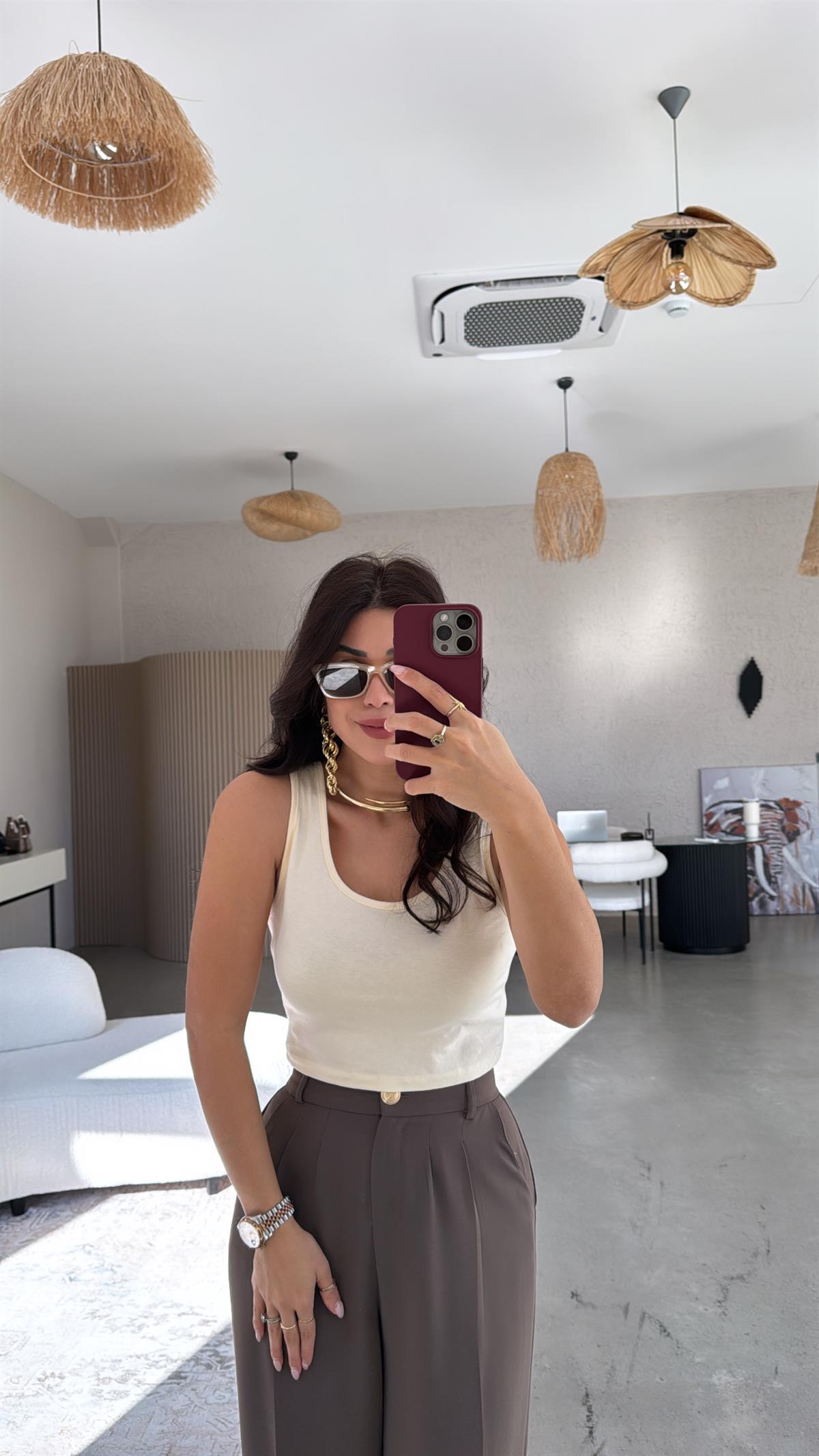 Krem Pamuklu Crop Atlet