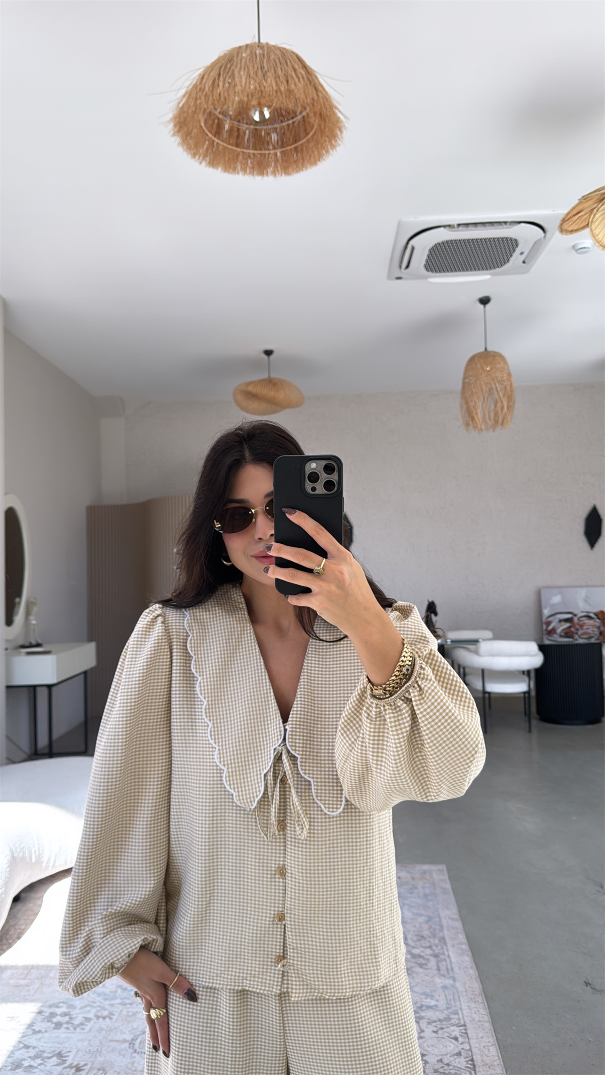 Krem Pötikareli Romantik Pantolon Bluz Takım