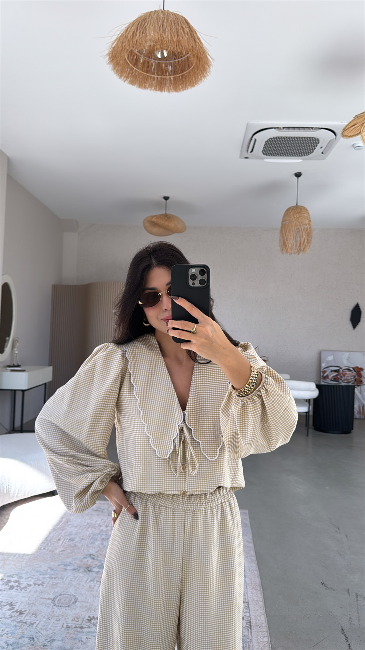 Krem Pötikareli Romantik Pantolon Bluz Takım