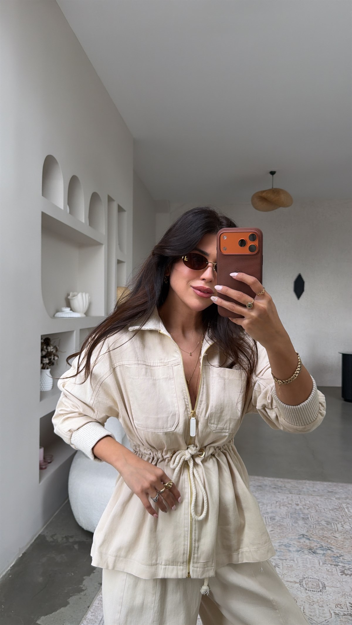 Krem Yüzde Yüz Pamuklu Gold Detaylı Ceket Pantolon Takım