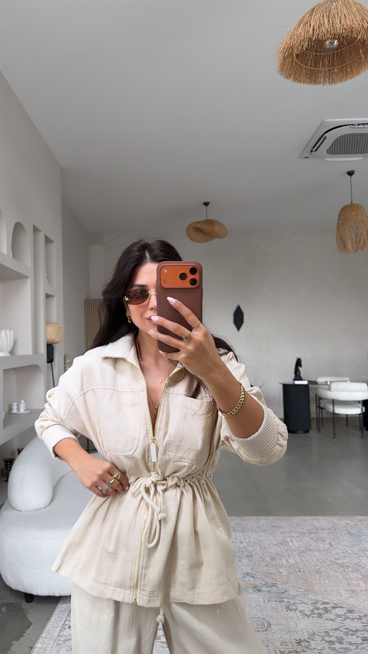 Krem Yüzde Yüz Pamuklu Gold Detaylı Ceket Pantolon Takım